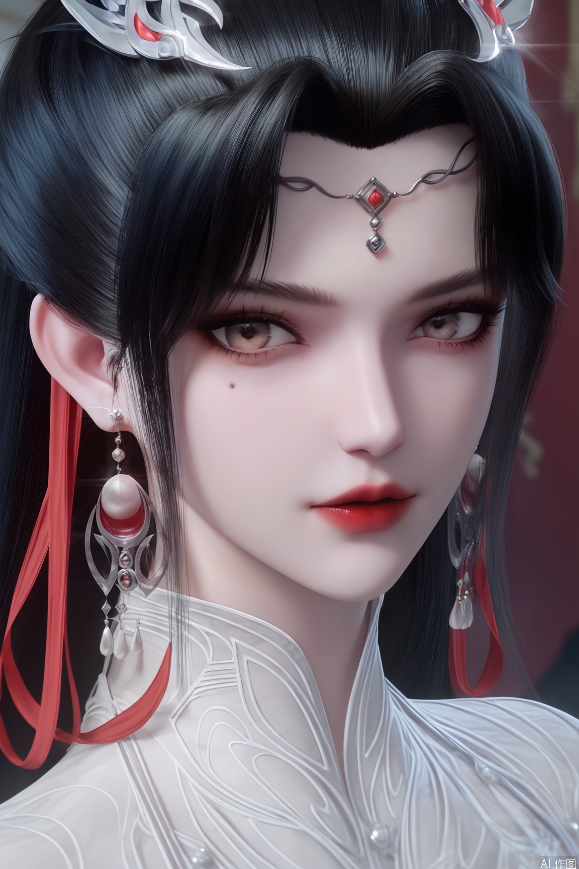 score_9_up,score_8_up,score_7_up,(Masterpiece, Best Quality, High Resolution, 8K Raw),absurdres, highres, Expressiveh,illustration,CG,
1girl, solo, looking at viewer, black hair, hair ornament, ribbon, jewelry, earrings, hair bun, mole under eye, chinese clothes, portrait, red lips