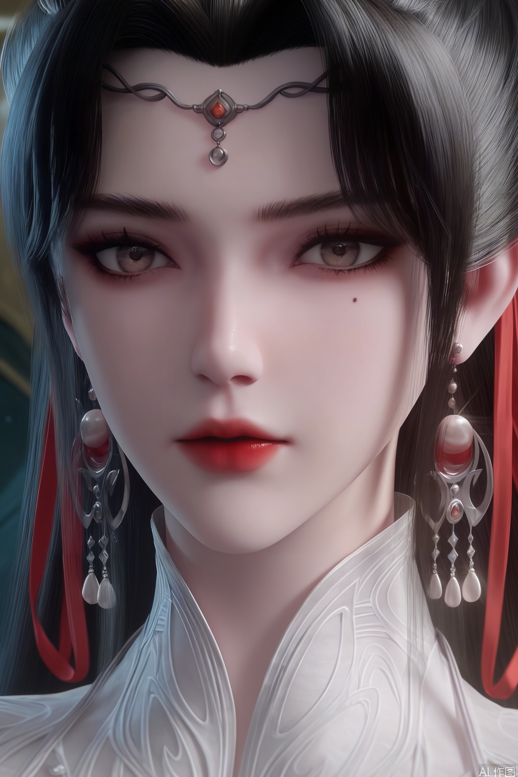 score_9_up,score_8_up,score_7_up,(Masterpiece, Best Quality, High Resolution, 8K Raw),absurdres, highres, Expressiveh,illustration,CG,
1girl, solo, looking at viewer, black hair, hair ornament, ribbon, jewelry, earrings, hair bun, mole under eye, chinese clothes, portrait, red lips