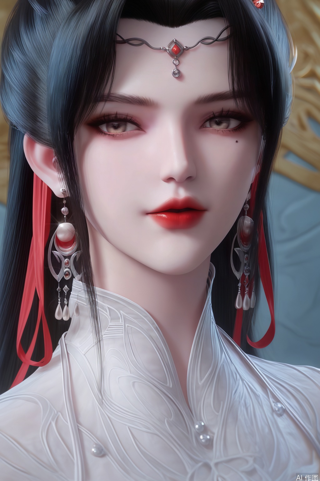 score_9_up,score_8_up,score_7_up,(Masterpiece, Best Quality, High Resolution, 8K Raw),absurdres, highres, Expressiveh,illustration,CG,
1girl, solo, looking at viewer, black hair, hair ornament, ribbon, jewelry, earrings, hair bun, mole under eye, chinese clothes, portrait, red lips