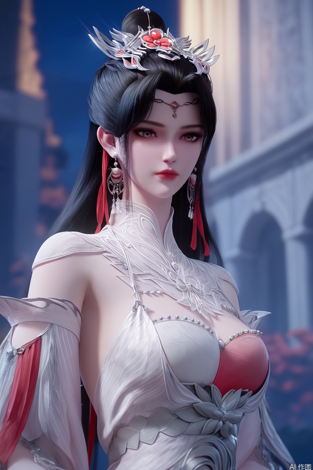 score_9_up,score_8_up,score_7_up,(Masterpiece, Best Quality, High Resolution, 8K Raw),absurdres, highres, Expressiveh,illustration,CG,
1girl, solo, long hair, black hair, hair ornament, dress, jewelry, closed mouth, upper body, earrings, hair bun, white dress, blurry, night, blurry background, expressionless