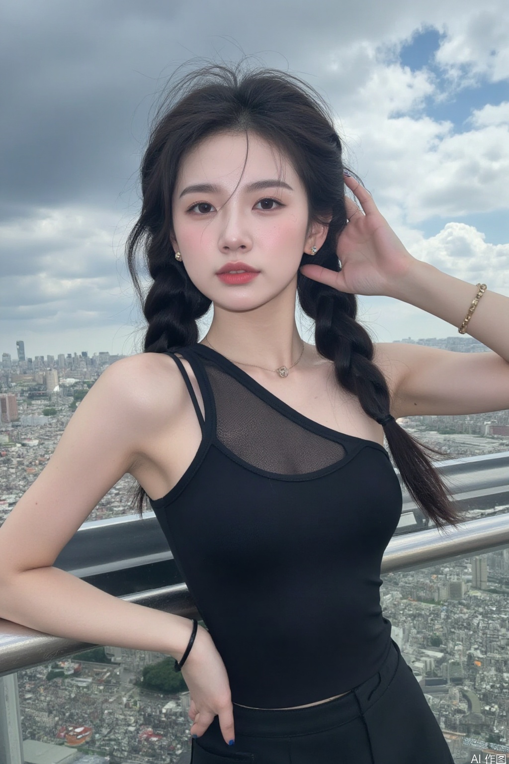 1girl, solo, long hair, black hair, bare shoulders, jewelry, braid, pants, bracelet, lips, head tilt, single braid, city, realistic, photo background