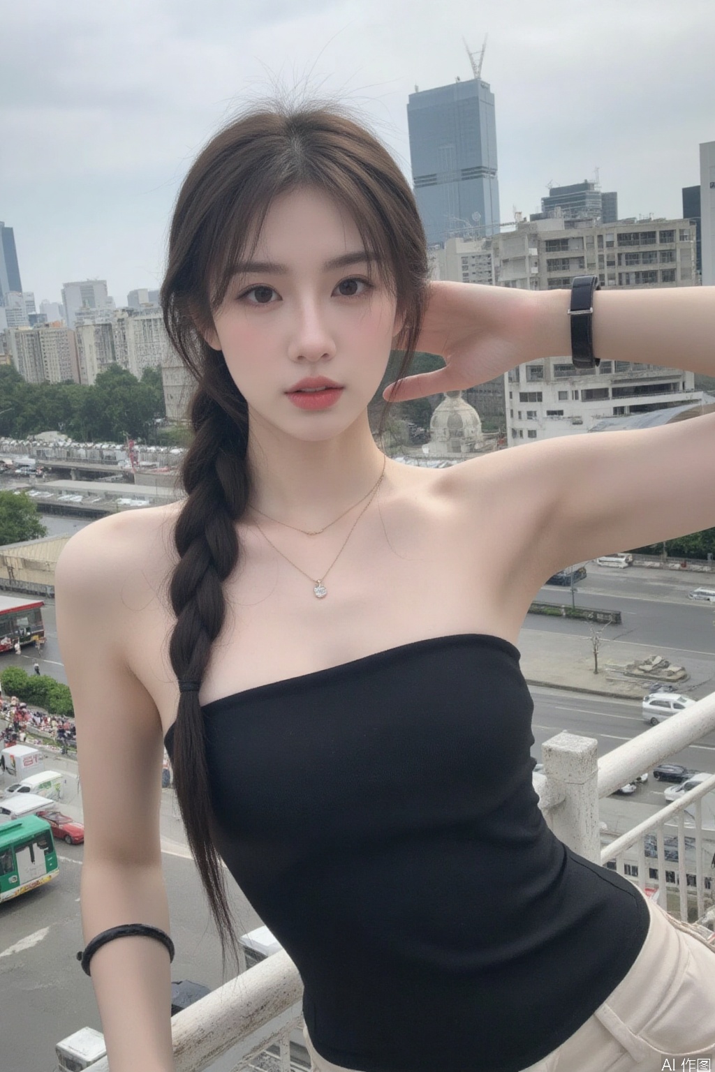 1girl, solo, long hair, black hair, bare shoulders, jewelry, braid, pants, bracelet, lips, head tilt, single braid, city, realistic, photo background