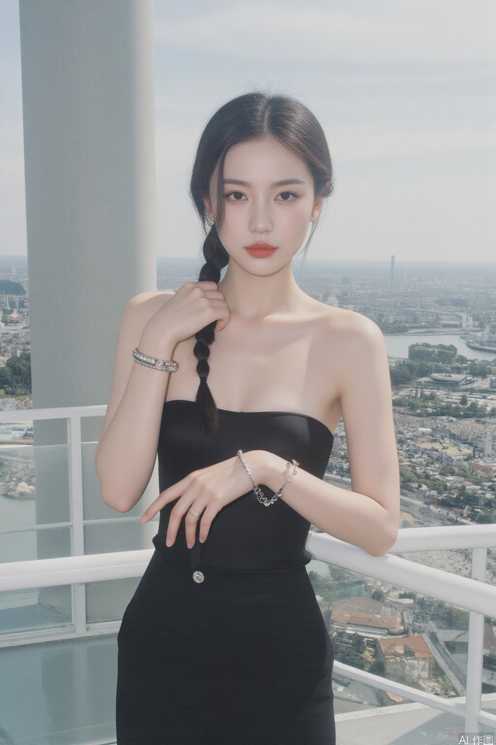 1girl, solo, long hair, black hair, bare shoulders, jewelry, braid, pants, bracelet, lips, head tilt, single braid, city, realistic, photo background