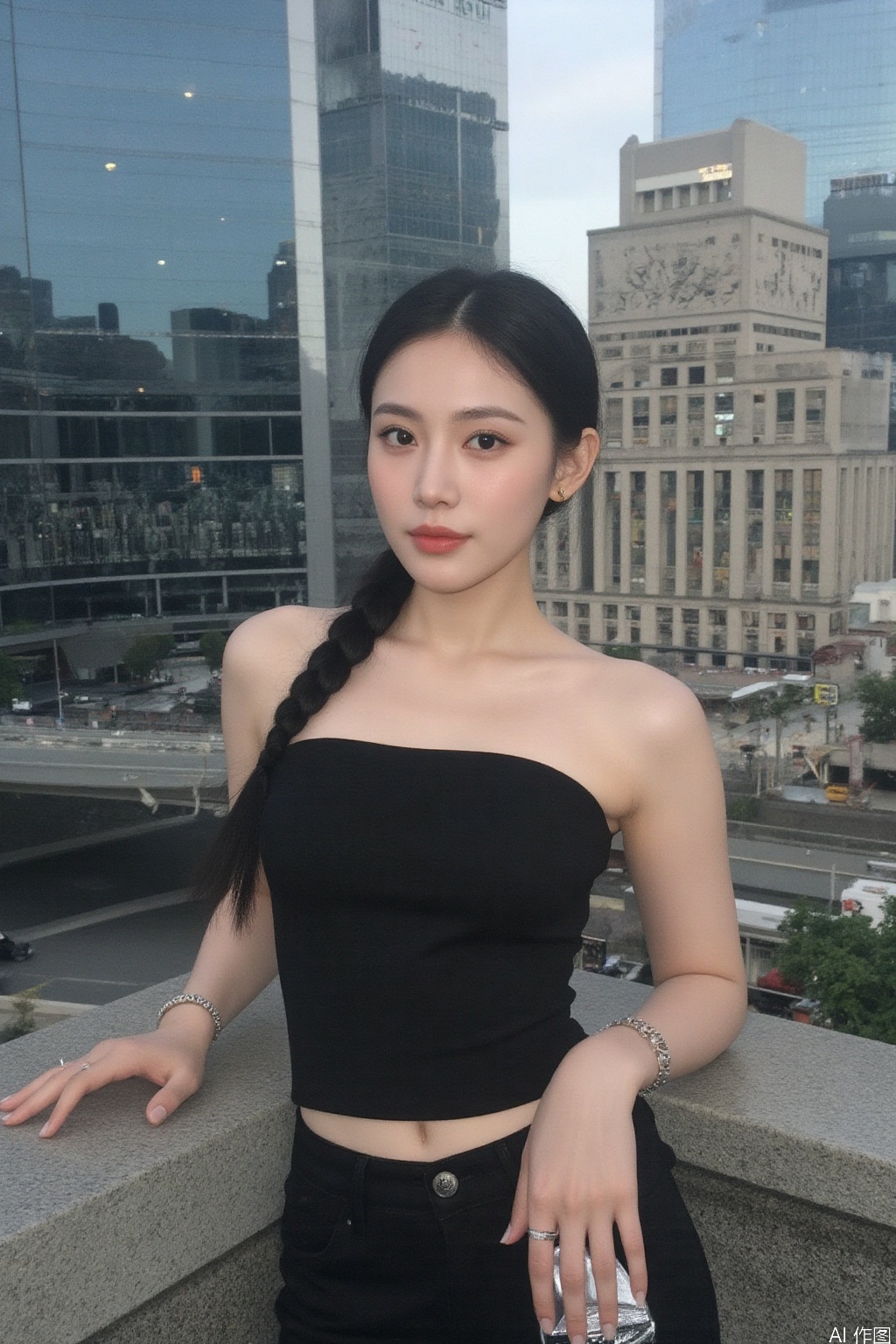 1girl, solo, long hair, black hair, bare shoulders, jewelry, braid, pants, bracelet, lips, head tilt, single braid, city, realistic, photo background