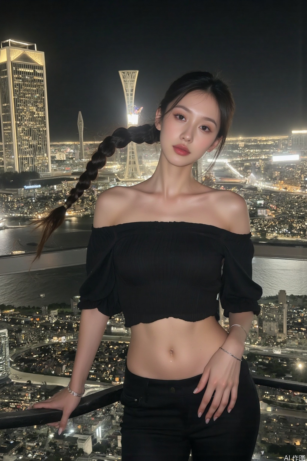 1girl, solo, long hair, black hair, bare shoulders, jewelry, braid, pants, bracelet, lips, head tilt, single braid, city, realistic, photo background