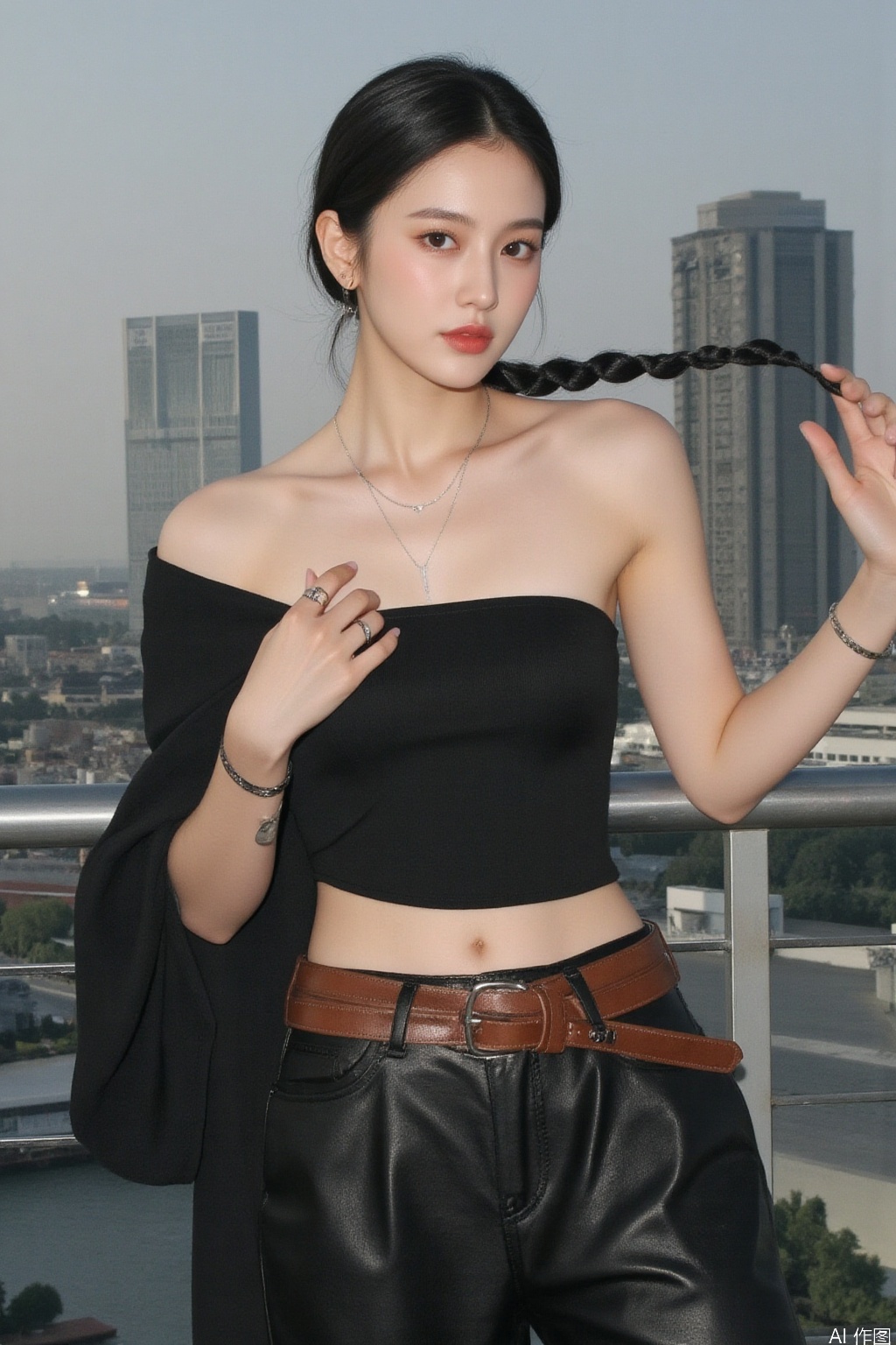 1girl, solo, long hair, black hair, bare shoulders, jewelry, braid, pants, bracelet, lips, head tilt, single braid, city, realistic, photo background
