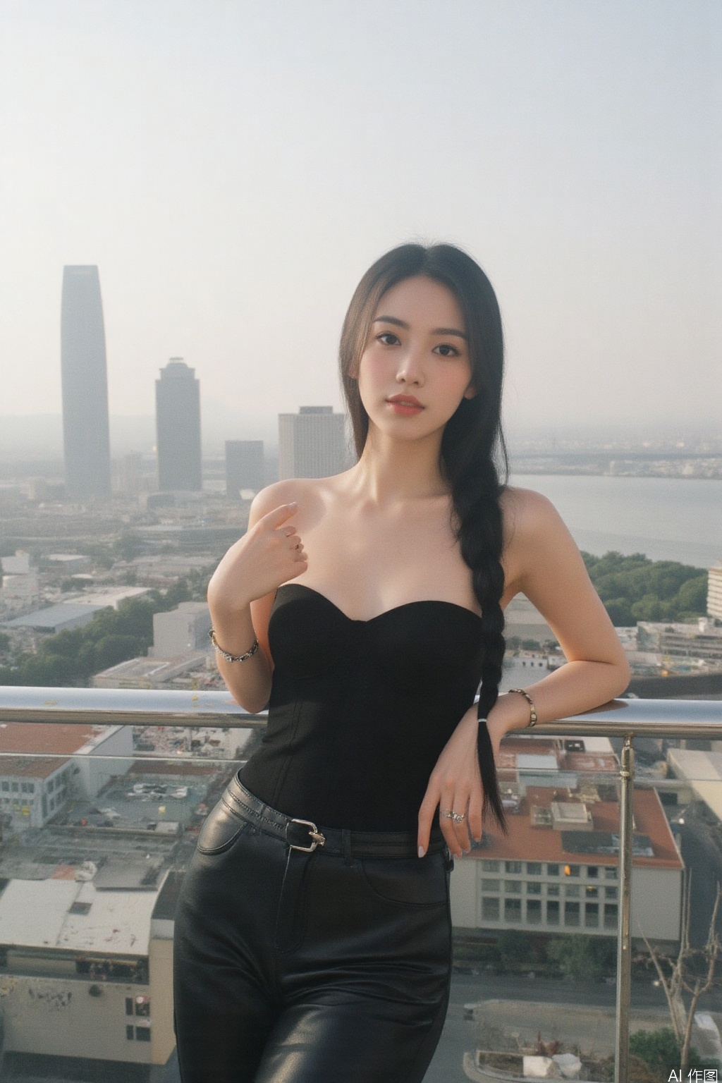 1girl, solo, long hair, black hair, bare shoulders, jewelry, braid, pants, bracelet, lips, head tilt, single braid, city, realistic, photo background