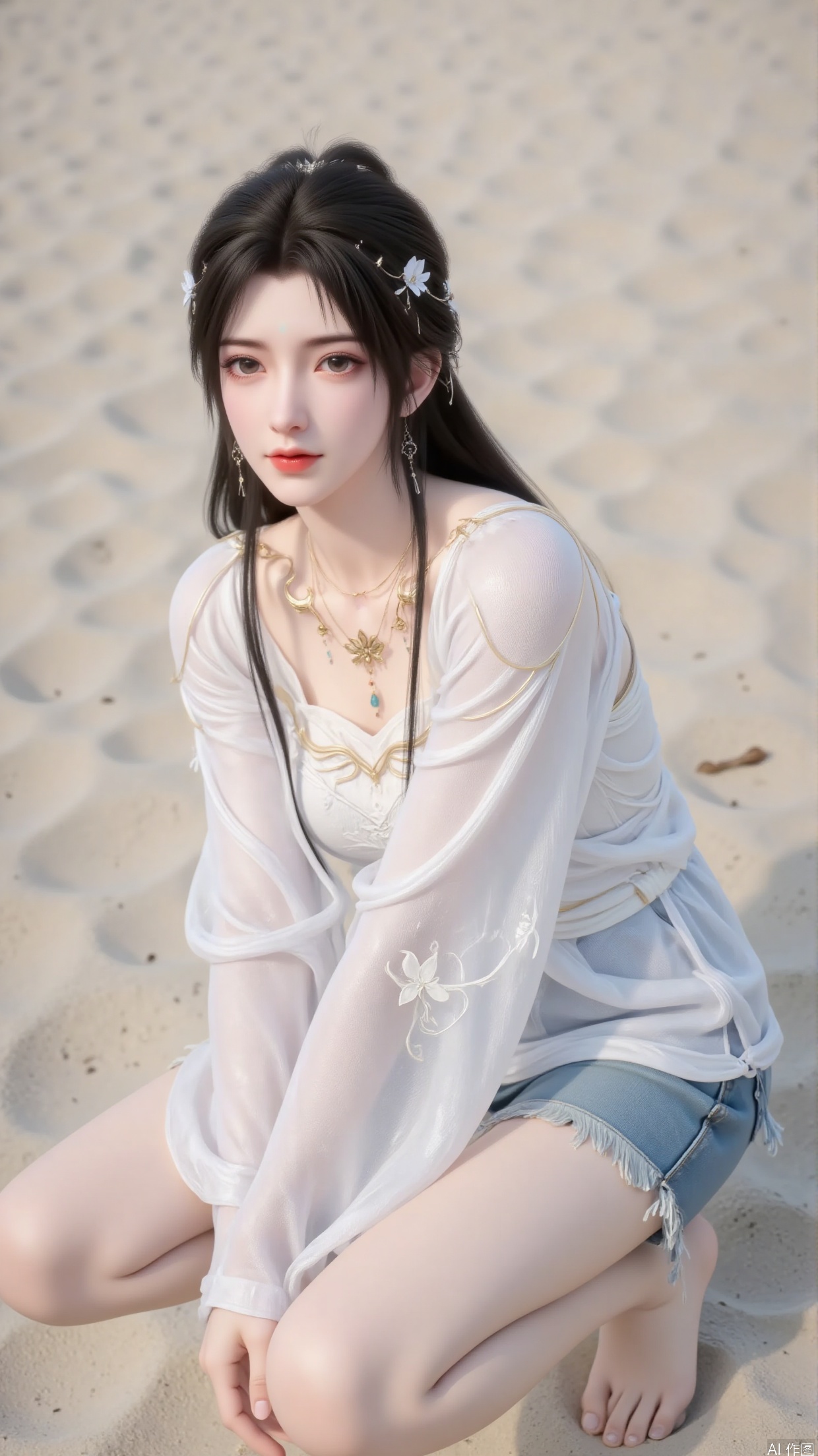 whole
The picture presents a young woman with a relaxed and comfortable atmosphere, conveying a sense of leisure and ease.
painting style
Realistic style, delicately depicting characters and scenes, realistically restoring the appearance, clothing materials, and environmental details of the characters.
composition
The character is located in the center of the picture, in a squatting posture, with a simple composition that highlights the subject.
angle of view
Adopting a slightly upward facing perspective, it can clearly display the facial expressions and overall body shape of the character.
expression
The corners of the mouth slightly curled up, and the gaze turned to one side, revealing a calm and relaxed expression, giving a gentle and approachable feeling.
hairstyle
Black long hair, sharp and playful, partially hanging over the shoulders, adding a touch of softness. Hair accessories.
action
Sit on the ground with bent legs, arms wrapped around your legs, relaxed posture, showing a casual and natural look.
clothing
The upper body is a white hollow knitted long sleeved sweater, with exquisite hollow patterns adding a sense of fashion and lightness; Paired with blue fringed denim shorts for a casual yet trendy look, showcasing youthful vitality.
Makeup
The makeup is light and elegant, naturally embellishing the eyebrows and eyes. The lip color is pink and tender, highlighting a good complexion. The overall look is fresh and natural, fitting the overall atmosphere.
match
No obvious accessories, simple dressing makes it more pure and refreshing.
background
Beach background, soft color tone, simple and clean, without any unnecessary elements interfering with the subject, matching the character's outfit and temperament.
Image quality
The picture quality is clear, and details such as the texture of the character's skin, clothing fibers, and beach particles are clearly distinguishable, resulting in a high-quality image.