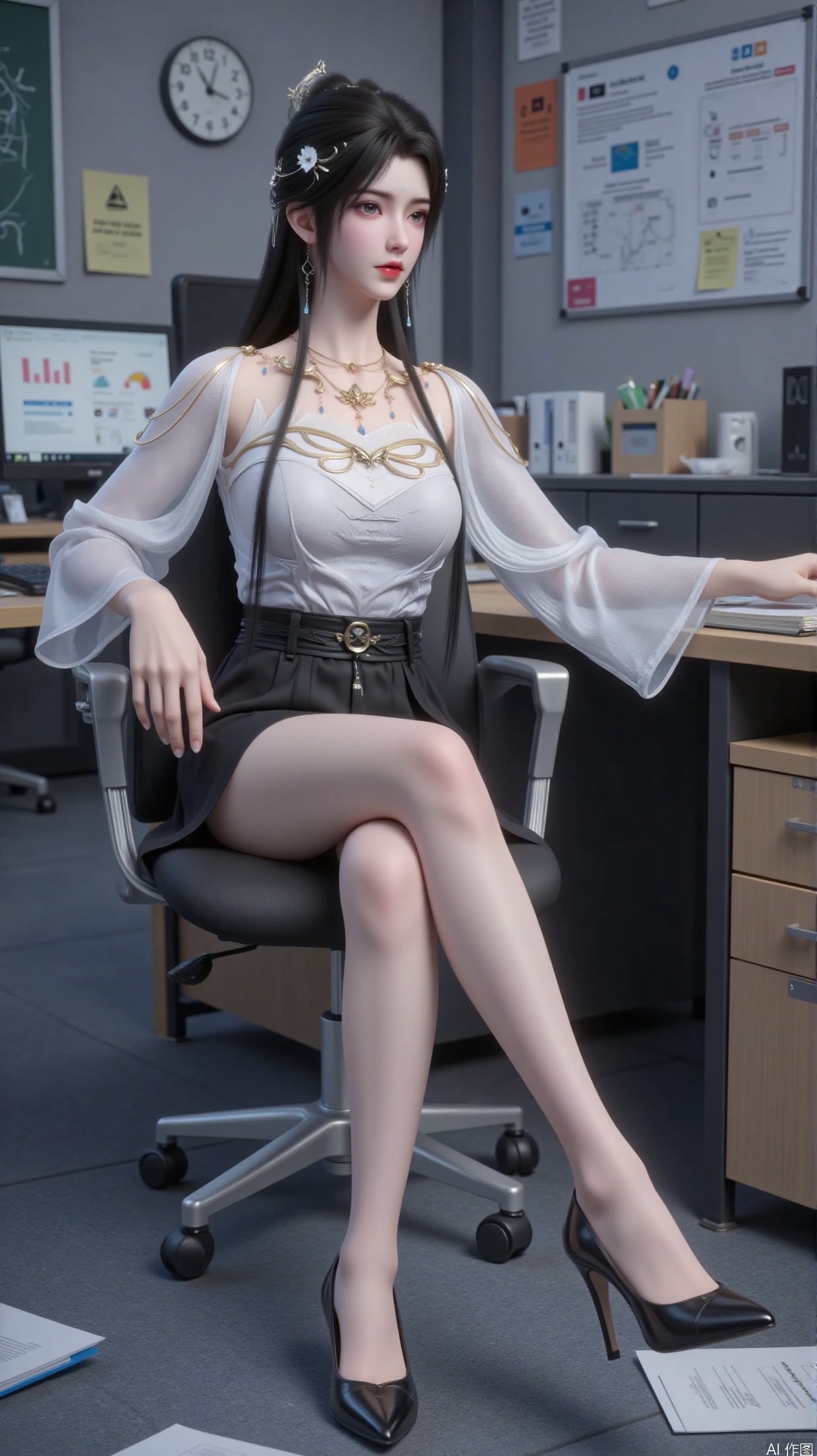 whole
The screen presents a female image with a workplace style, and the overall atmosphere combines a sense of professionalism and a touch of casualness, showcasing a unique modern urban workplace temperament.
composition
The character is located in the center of the picture, using a half body composition that emphasizes the posture of the character's upper body and legs. Through elements such as character movements and scattered files around, a rich visual hierarchy is constructed.
angle of view
Shooting from a head up angle gives people a sense of immersion and being in the same space as the characters, enhancing the realism and closeness of the image.
hairstyle
Black and shiny long hair, neatly combed at the back of the head, appears simple and elegant, meeting the requirements of a competent image in the workplace. Hair accessories
action
The character sits on an office chair, with one hand resting on the edge of the table and the other hand picking up a folder on the ground. Their legs are elegantly crossed, and their posture is relaxed yet elegant, conveying a confident, composed, and slightly lazy feeling.
clothing
Wearing a white striped shirt paired with a black short skirt, this is a classic workplace attire style. Wearing black long stockings on the legs and black pointed high heels on the feet, the overall design is both professional and highlights the elegance and sexiness of women.
Makeup
Exquisite makeup, bright and lively blue eyes, slender eyebrows, and rosy lips, the overall makeup naturally and perfectly highlights the three-dimensional effect of the face, showcasing the spiritual outlook of working women.
match
A work permit with a black hanging rope around the neck, paired with simple earrings, not only fits the workplace environment but also adds a sense of detail.
decoration
Apart from the work permit and earrings, there are no overly complicated decorations, simple and elegant, highlighting the professional image.
background
The background is an office environment with office desks, laptops, filing cabinets, whiteboards, and other office supplies, creating a realistic office atmosphere.
Image quality
The picture quality is clear, with delicate and realistic hair, clothing texture, skin texture, and natural light and shadow effects. The color reproduction is high, presenting high-quality visual effects.