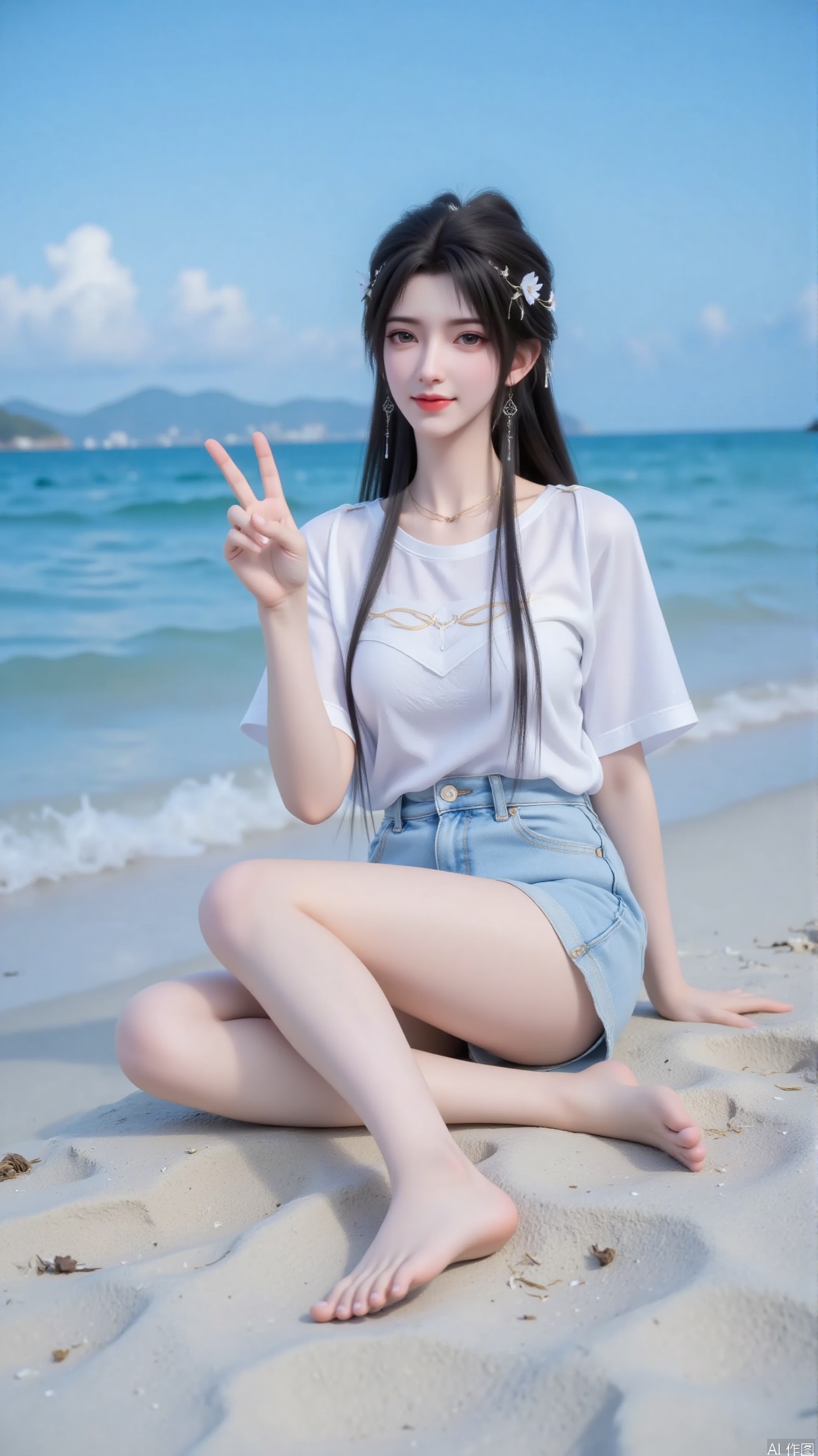 The girl is wearing a white T-shirt. Black long hair, hair accessories. Paired with denim shorts, it feels relaxed and comfortable. She sat barefoot on the beach, smiling at the audience. The background is a blue sea and sky, and the picture is fresh and natural. I made a victory gesture.
Using sea level as a background to create a concise composition.
Mainly in blue and white, highlighting the freshness of the seaside, and appropriately increasing the brightness to make the picture more transparent.