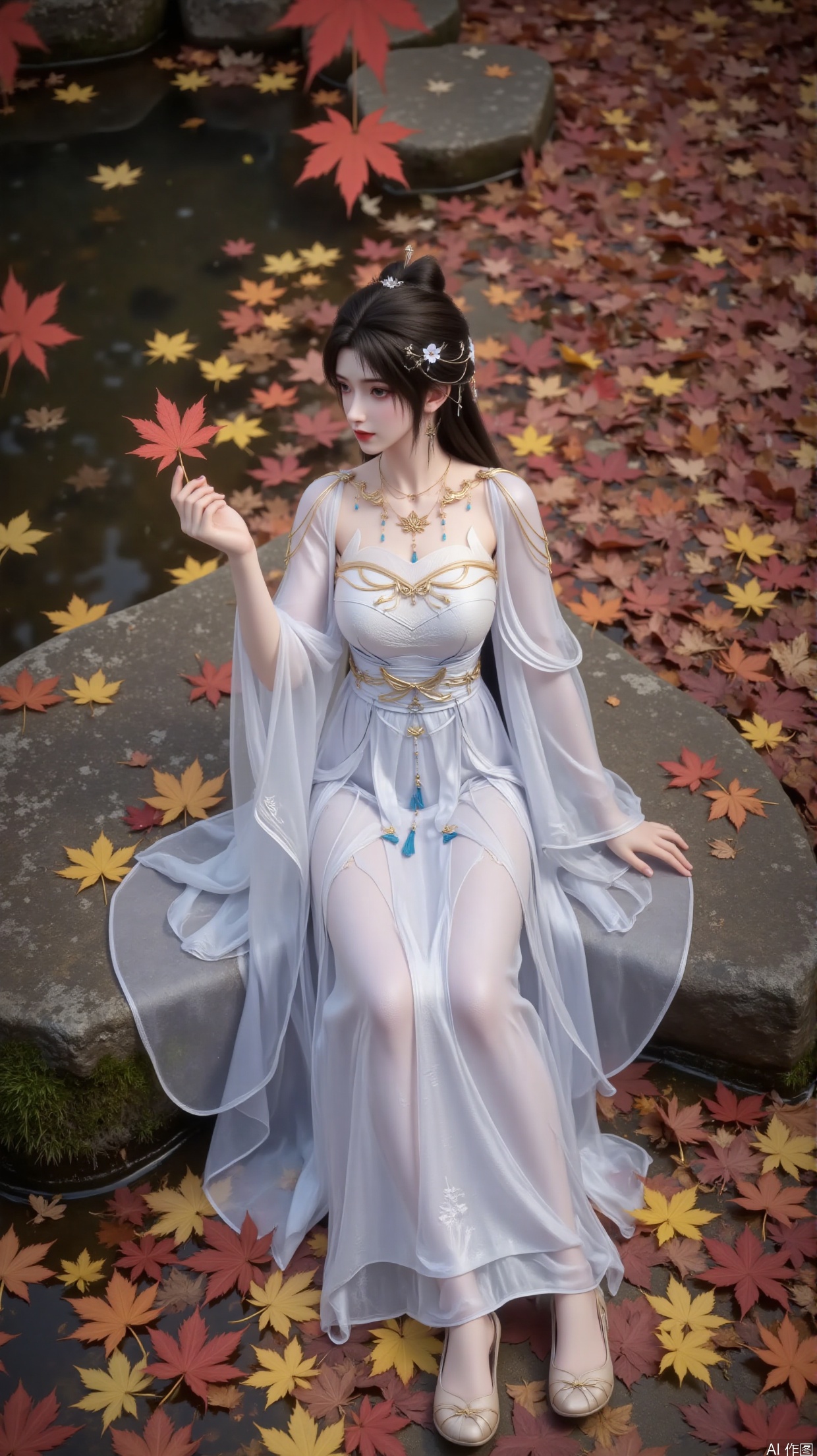 Composition: Adopting a vertical composition method, this composition can cleverly combine the main character with rich environmental elements within a limited frame. The woman is located in the center lower position of the picture, highlighting the subject and leaving space for the red maple leaves falling from above and the surrounding fallen leaves, creating a sense of hierarchy and depth in the picture. Maples. Water pool. Clear and transparent water. A stone covered in moss. Clear and transparent water. Maple leaves floating on the water.
Action: She sits on a stone. Moss grows all over the stones. The woman's posture is elegant and dynamic, as she gently lifts her hands and touches the falling maple leaves in the air. This action not only showcases the softness of the woman, but also seems to interact with the falling maple leaves, as if feeling the autumn atmosphere, giving people a sense of agility and elegance, as if she will fly with the autumn wind and fallen leaves in the next moment.
A young and beautiful woman, aged around 18-25, with delicate facial features.
-Hairstyle: Black and shiny long hair. Carefully combing out a simple bun on the top of the head, paired with delicate and small hair accessories, white flower shaped ornaments are embellished between the hair, adding a touch of freshness and elegance, complementing the overall look.
-Clothing: Wearing a white long dress with a soft tone. The upper garment is a strapless style, with thin and transparent gauze shawls on the shoulders, adorned with delicate patterns. Wide sleeves. The waist is wrapped in a golden waistband, highlighting the slender waistline. The belt is adorned with blue pendants and tassels, adding agility. The lower skirt has rich layers.
-Makeup: The makeup is elegant and beautiful, the eyebrows are as thin as willows, the eye makeup is elegant, and the light eye shadow highlights the bright and divine eyes. The lip color is pink and natural, and the facial makeup is clean.
-Dressing up: Wear a strapless long skirt over a flowing gauze shawl. Wide sleeves.
-Decoration: necklace, belt. Earrings.
Light colored single mouth flat shoes with a simple upper and delicate golden lines outlining the edges.
-High resolution, with realistic light and shadow effects, natural transitions between highlights and shadows, which can reflect the different characteristics of materials, such as the smoothness of silk, the lightness of chiffon, and the luster of metal jewelry.
Background: The ground is covered with layers of fallen leaves, ranging from dry yellow to orange red, with rich and natural colors, as if it were a magnificent carpet laid by nature. A few maple leaves are still falling in the sky, further enhancing the atmosphere of autumn. These fallen leaves and falling maple leaves not only serve as a backdrop to highlight the beauty of the woman, but also complement her clothing colors and movements, creating a beautiful, romantic, and slightly melancholic atmosphere, as if telling a story of autumn.