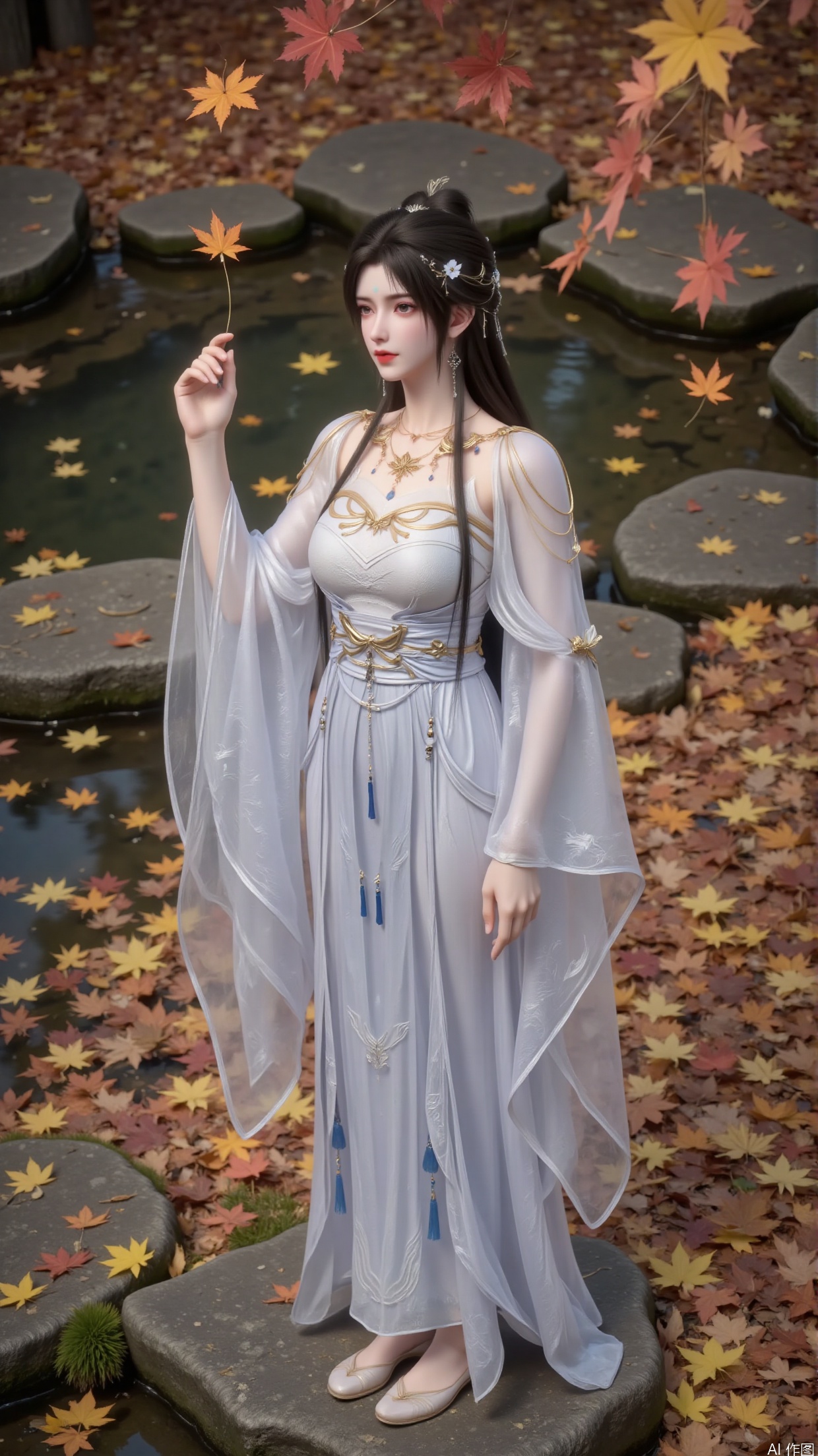 Maples. Water pool. Clear and transparent water. A stone covered in moss. Clear and transparent water. Maple leaves floating on the water.
Action: She stands on a stone. Moss grows all over the stones. The woman's posture is elegant and dynamic, as she gently lifts her hands and touches the falling maple leaves in the air. This action not only showcases the softness of the woman, but also seems to interact with the falling maple leaves, as if feeling the autumn atmosphere, giving people a sense of agility and elegance, as if she will fly with the autumn wind and fallen leaves in the next moment.
A young and beautiful woman, aged around 18-25, with delicate facial features.
-Hairstyle: Black and shiny long hair. Carefully combing out a simple bun on the top of the head, paired with delicate and small hair accessories, white flower shaped ornaments are embellished between the hair, adding a touch of freshness and elegance, complementing the overall look. Silver hair crown.
-Clothing: Wearing a white strapless dress with a soft tone. The upper garment is a strapless style, with a gauze shawl on the shoulders and delicate patterns. Wide sleeves. The waist is wrapped in a golden waistband, highlighting the slender waistline. The belt is adorned with blue pendants and tassels, adding agility. The lower skirt has rich layers.
-Makeup: The makeup is elegant and beautiful, the eyebrows are as thin as willows, the eye makeup is elegant, and the light eye shadow highlights the bright and divine eyes. The lip color is pink and natural, and the facial makeup is clean. There is a faint blue mark on the forehead.
-Dressing up: Wear a strapless skirt over a shawl. Wide sleeves.
-Decoration: necklace, belt. Earrings.
Light colored single mouth flat shoes with a simple upper and delicate golden lines outlining the edges.
-High resolution, with realistic light and shadow effects, natural transitions between highlights and shadows.
Background: The ground is covered with layers of fallen leaves, ranging from dry yellow to orange red, with rich and natural colors, as if it were a magnificent carpet laid by nature. A few maple leaves are still falling in the sky, further enhancing the atmosphere of autumn. These fallen leaves and falling maple leaves not only serve as a backdrop to highlight the beauty of the woman, but also complement her clothing colors and movements, creating a beautiful, romantic, and slightly melancholic atmosphere, as if telling a story of autumn.