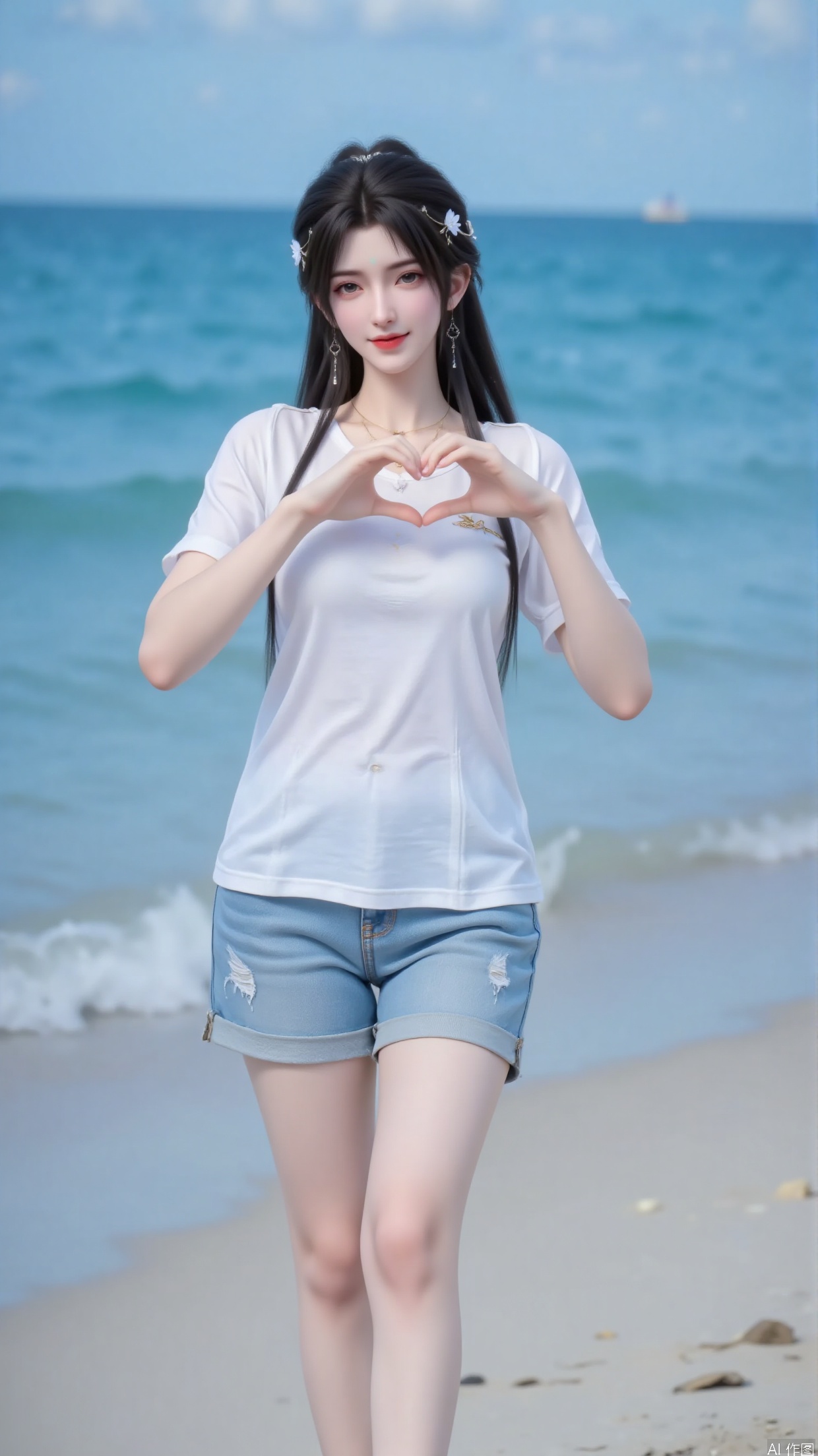The girl is wearing a white T-shirt. Black long hair, hair accessories. Paired with denim shorts, it feels relaxed and comfortable. She walked barefoot on the beach, smiling at the audience. The background is a blue sea and sky, and the picture is fresh and natural.
Using sea level as a background to create a concise composition.
Mainly in blue and white, highlighting the freshness of the seaside, and appropriately increasing the brightness to make the picture more transparent.Form a heart shape with both hands