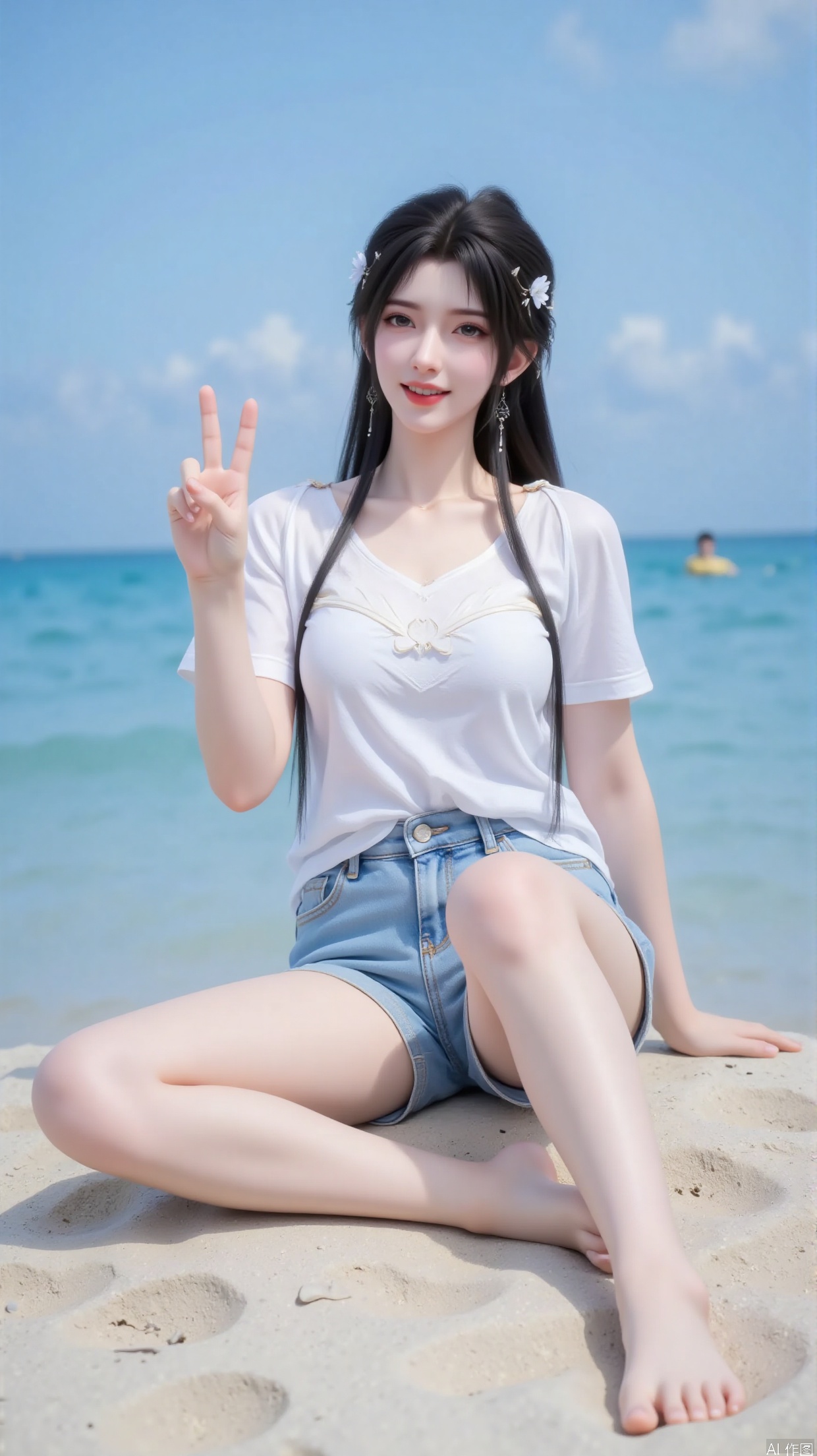 The girl is wearing a white T-shirt. Black long hair, hair accessories. Paired with denim shorts, it feels relaxed and comfortable. She sat barefoot on the beach, smiling at the audience. The background is a blue sea and sky, and the picture is fresh and natural. I made a victory gesture.
Using sea level as a background to create a concise composition.
Mainly in blue and white, highlighting the freshness of the seaside, and appropriately increasing the brightness to make the picture more transparent.