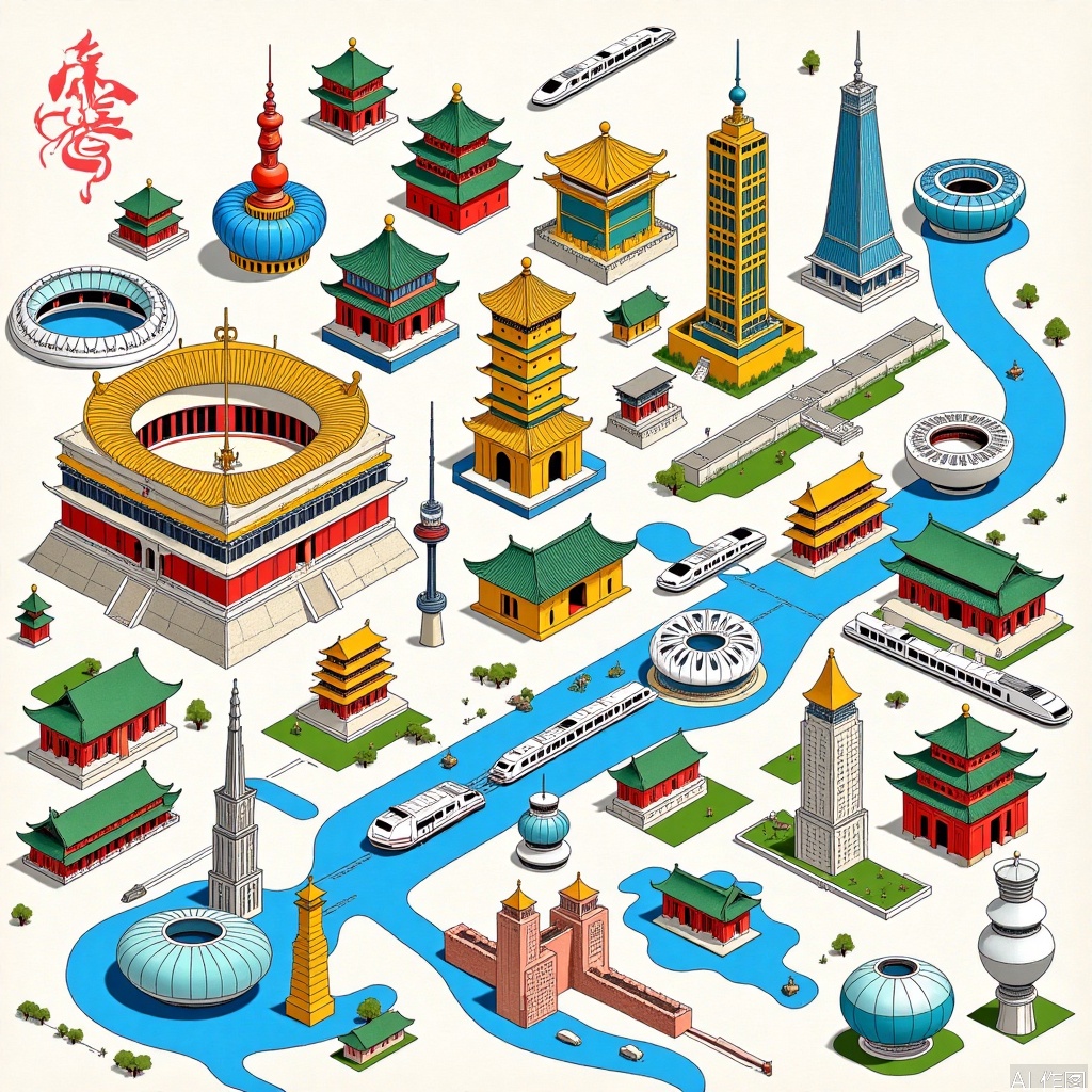 Freehand Chinese painting,A Thousand Li of Rivers and Mountains.,Fantasy architecture,illustration