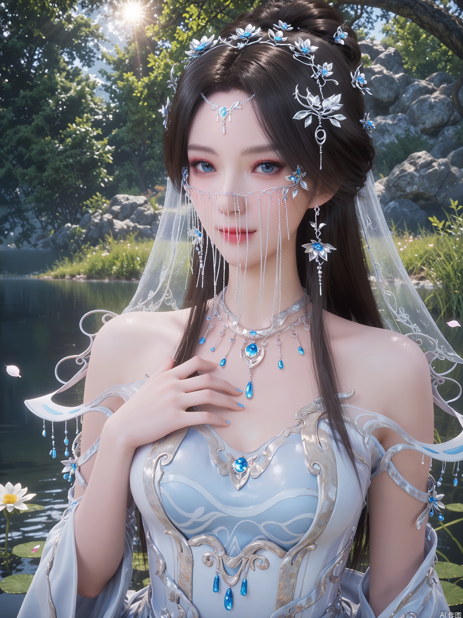 score_9,score_8_up,score_7_up,1girl,looking_at_viewer,realistic,1girl,Vivid Colors,bright environment,sunshine,god light,lake,delicate water surface,hair_ornament,shiny skin,shiny hair,reflection,(wariza:1.2),dress,jewelry,,flower sea,falling petals,extreme detail description,bright sunlight,frontal lighting,(upper body:1),put one hand on your chest,veil