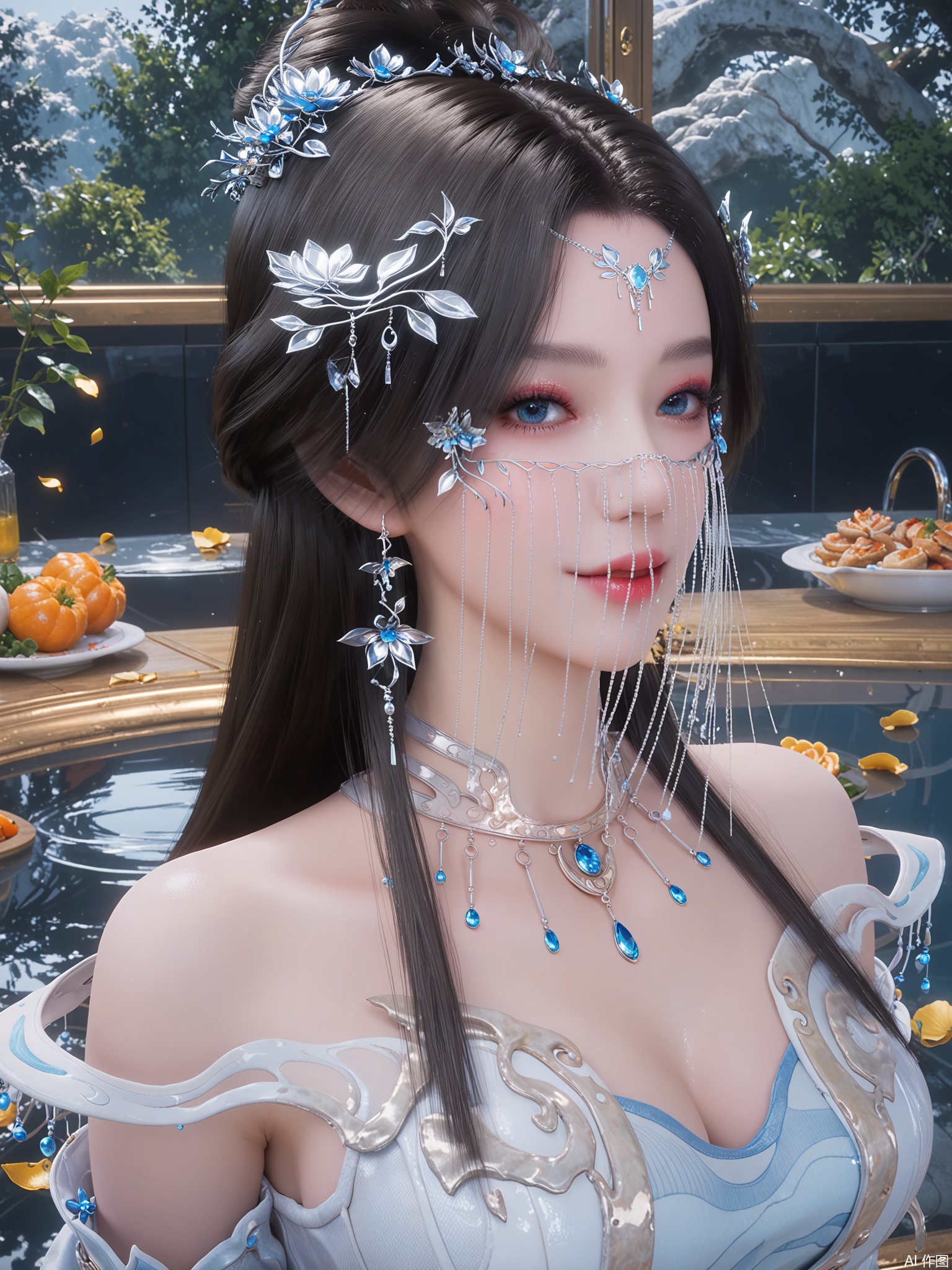 score_9,score_8_up,score_7_up,1girl,looking_at_viewer,realistic,1girl,Vivid Colors,bright environment,delicate water,hair_ornament,shiny skin,shiny hair,reflection,(wariza:1.2),dress,jewelry,flower sea,falling petals,extreme detail description,(upper body:1),put one hand on your side,kitchen,kitchen,long_hair,(skindentation:1.3),Fishnet stockings,