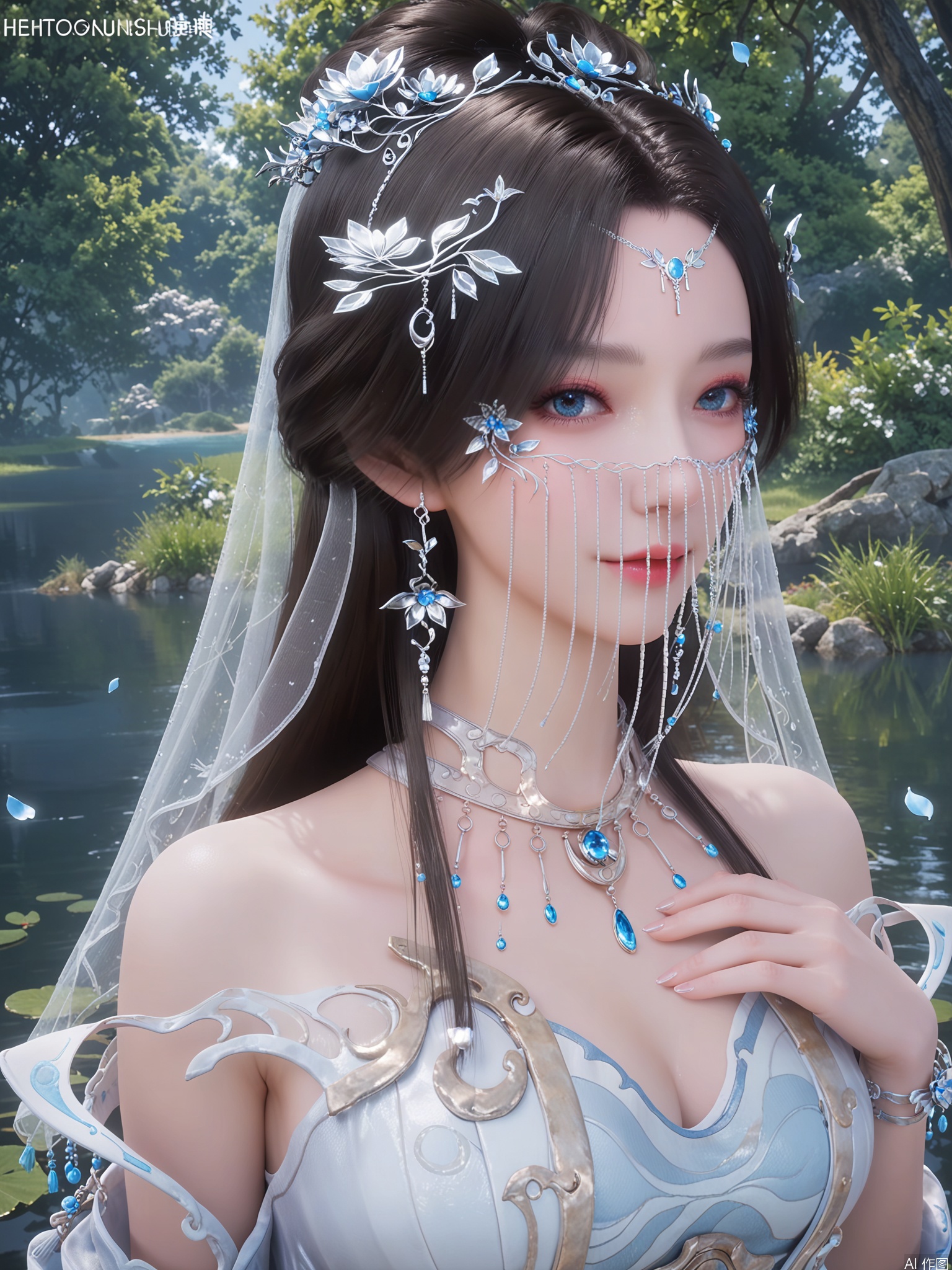 score_9,score_8_up,score_7_up,1girl,looking_at_viewer,realistic,1girl,Vivid Colors,bright environment,sunshine,god light,lake,delicate water surface,hair_ornament,shiny skin,shiny hair,reflection,(wariza:1.2),dress,jewelry,,flower sea,falling petals,extreme detail description,bright sunlight,frontal lighting,(upper body:1),put one hand on your chest,veil