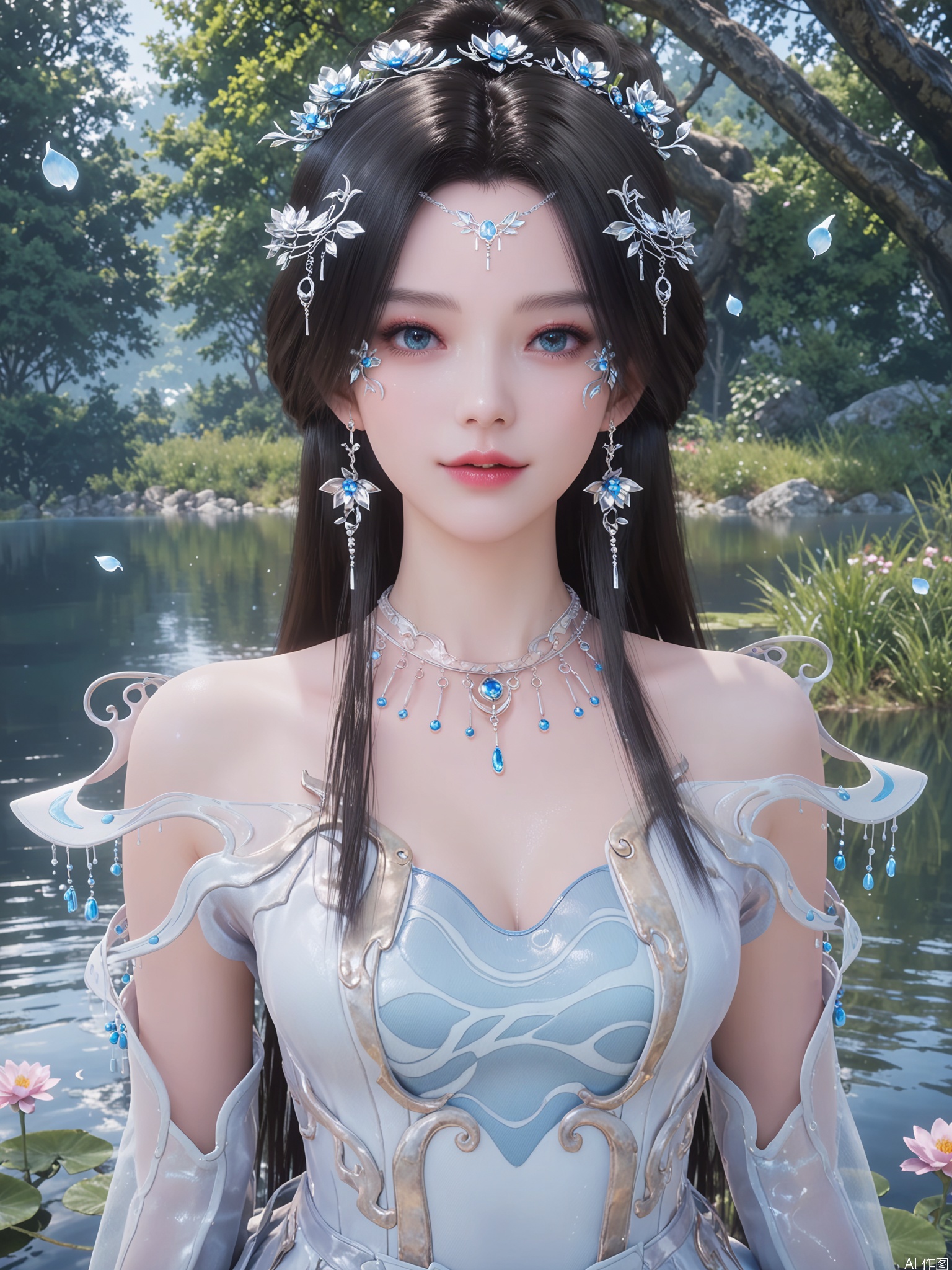 score_9,score_8_up,score_7_up,1girl,looking_at_viewer,realistic,1girl,Vivid Colors,bright environment,sunshine,god light,lake,delicate water surface,hair_ornament,shiny skin,shiny hair,reflection,(wariza:1.2),dress,jewelry,flower sea,falling petals,extreme detail description,bright sunlight,frontal lighting,(upper body:1),put one hand on your chest,black hair