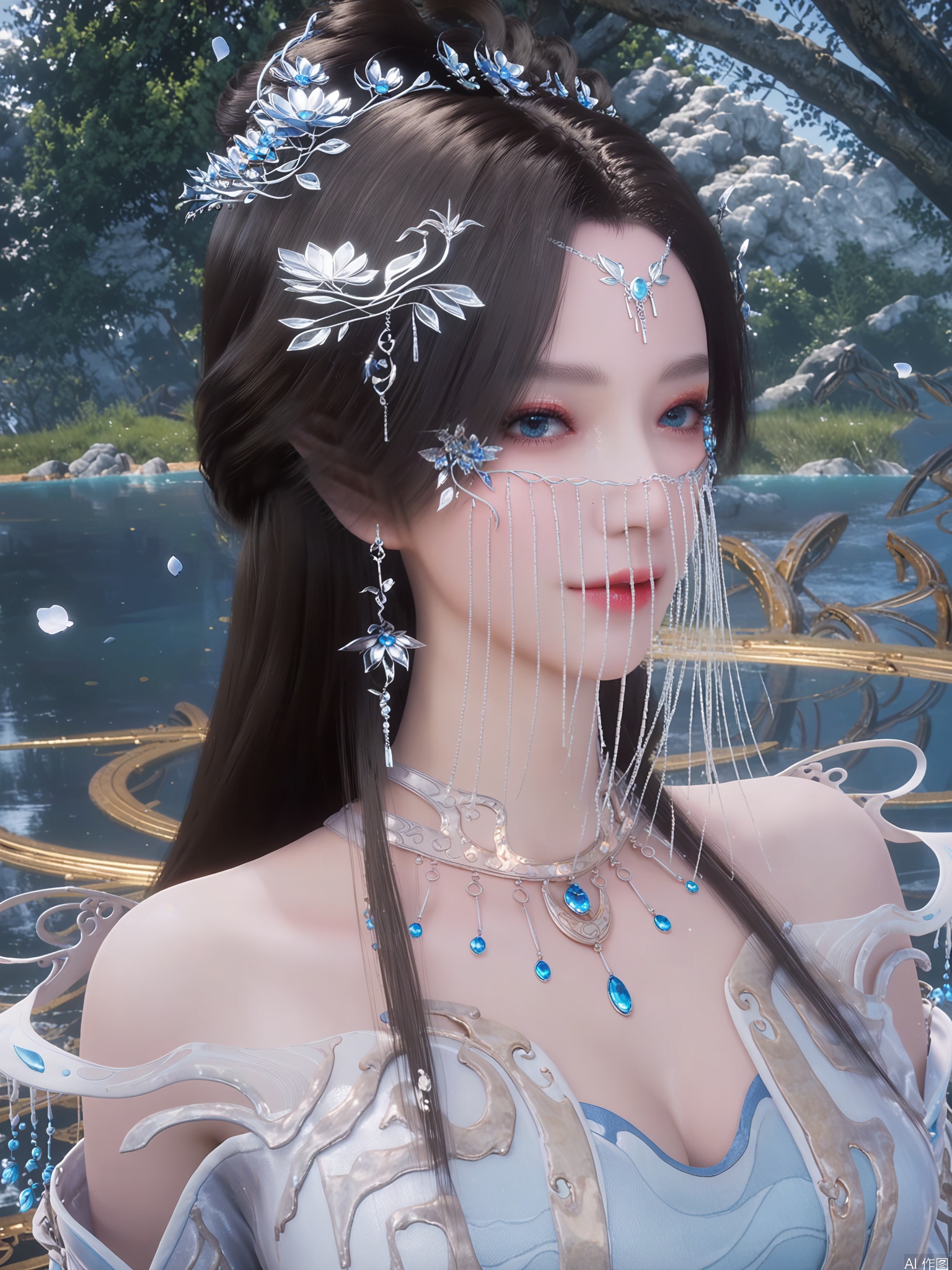 score_9,score_8_up,score_7_up,1girl,looking_at_viewer,realistic,1girl,Vivid Colors,bright environment,sunshine,god light,lake,delicate water surface,hair_ornament,shiny skin,shiny hair,reflection,(wariza:1.2),dress,jewelry,flower sea,falling petals,extreme detail description,bright sunlight,frontal lighting,(upper body:1),put one hand on your chest,