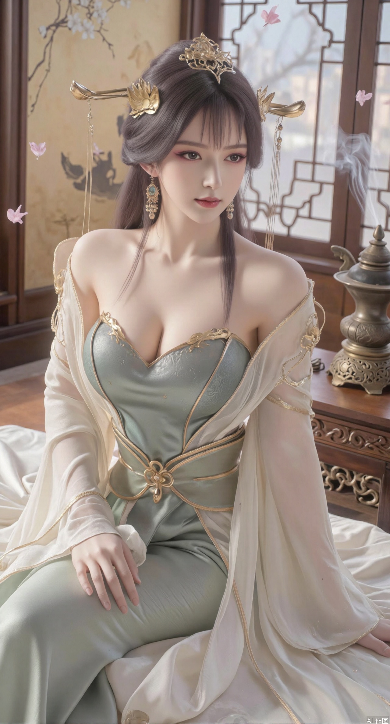 (masterpiece, best quality:1.2),Ancient Chinese boudoir scene, long Hanfu dress ,sitting sideways on an intricately carved wooden bed, soft natural light filtering through sheer silk curtains, satin bedding with delicate sheen, detailed traditional Chinese Gongbi painting style, subtle celadon color palette, background featuring vintage dressing table and embroidered screen, falling plum blossom petals near window and wispy smoke from bronze incense burner, 8K resolution with intricate fabric draping and wood grain textures,,(huge breasts:2.99),(full breasts:2.99),XtianqiongY,XliumeiY