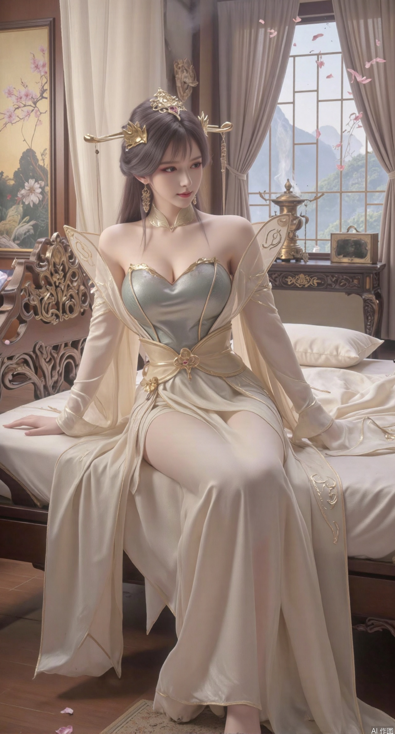 (masterpiece, best quality:1.2),Ancient Chinese boudoir scene, long Hanfu dress ,sitting sideways on an intricately carved wooden bed, soft natural light filtering through sheer silk curtains, satin bedding with delicate sheen, detailed traditional Chinese Gongbi painting style, subtle celadon color palette, background featuring vintage dressing table and embroidered screen, falling plum blossom petals near window and wispy smoke from bronze incense burner, 8K resolution with intricate fabric draping and wood grain textures,,(huge breasts:2.99),(full breasts:2.99),XtianqiongY,XliumeiY