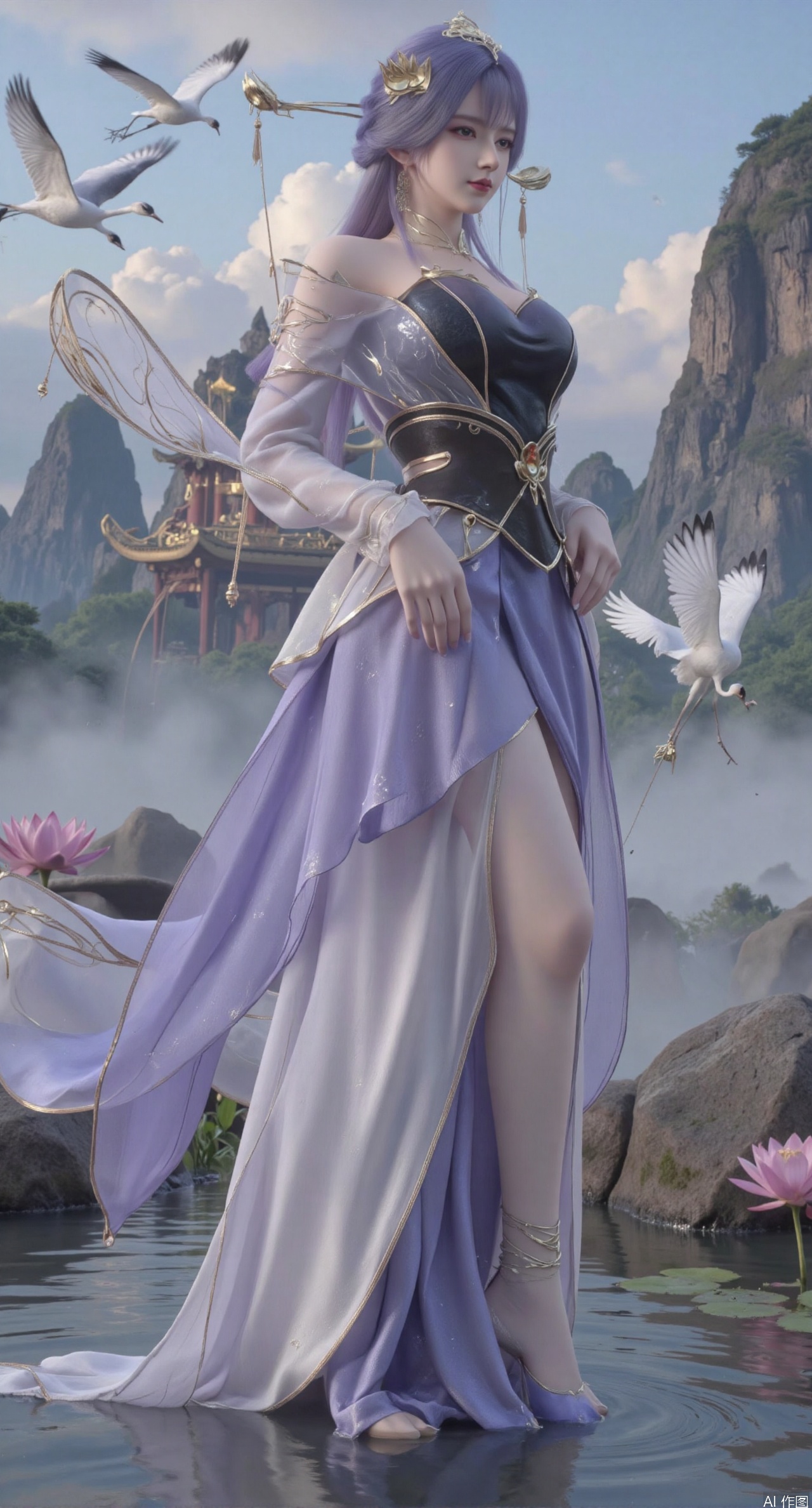SFW,(masterpiece:1.2),best quality,1girl,solo,long hair,long dress,celestial maiden in flowing tulle gown levitates above lotus pond, ethereal mist trails from hair ribbons, mythical Penglai paradise emerges through clouds with glowing pavilions, translucent bioluminescent lotus blooms, flock of cranes gliding over water surface, ultra HD with soft 3D rendering, morning light filters through mist, falling petal rain, intricate details on scale-patterned fabric and lotus veins.(huge breasts:2.99),(full breasts:2.99),