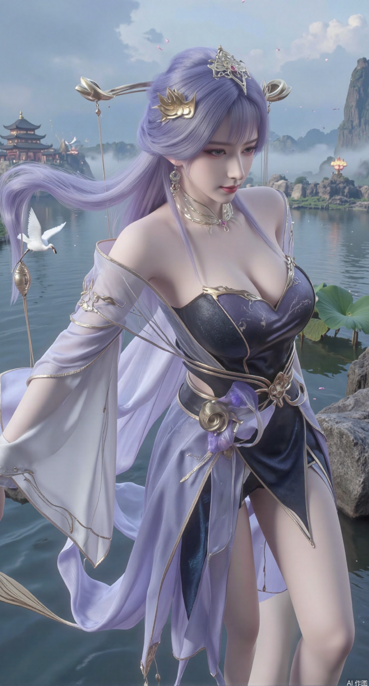 SFW,(masterpiece:1.2),best quality,1girl,solo,long hair,long dress,celestial maiden in flowing tulle gown levitates above lotus pond, ethereal mist trails from hair ribbons, mythical Penglai paradise emerges through clouds with glowing pavilions, translucent bioluminescent lotus blooms, flock of cranes gliding over water surface, ultra HD with soft 3D rendering, morning light filters through mist, falling petal rain, intricate details on scale-patterned fabric and lotus veins.(huge breasts:2.99),(full breasts:2.99),