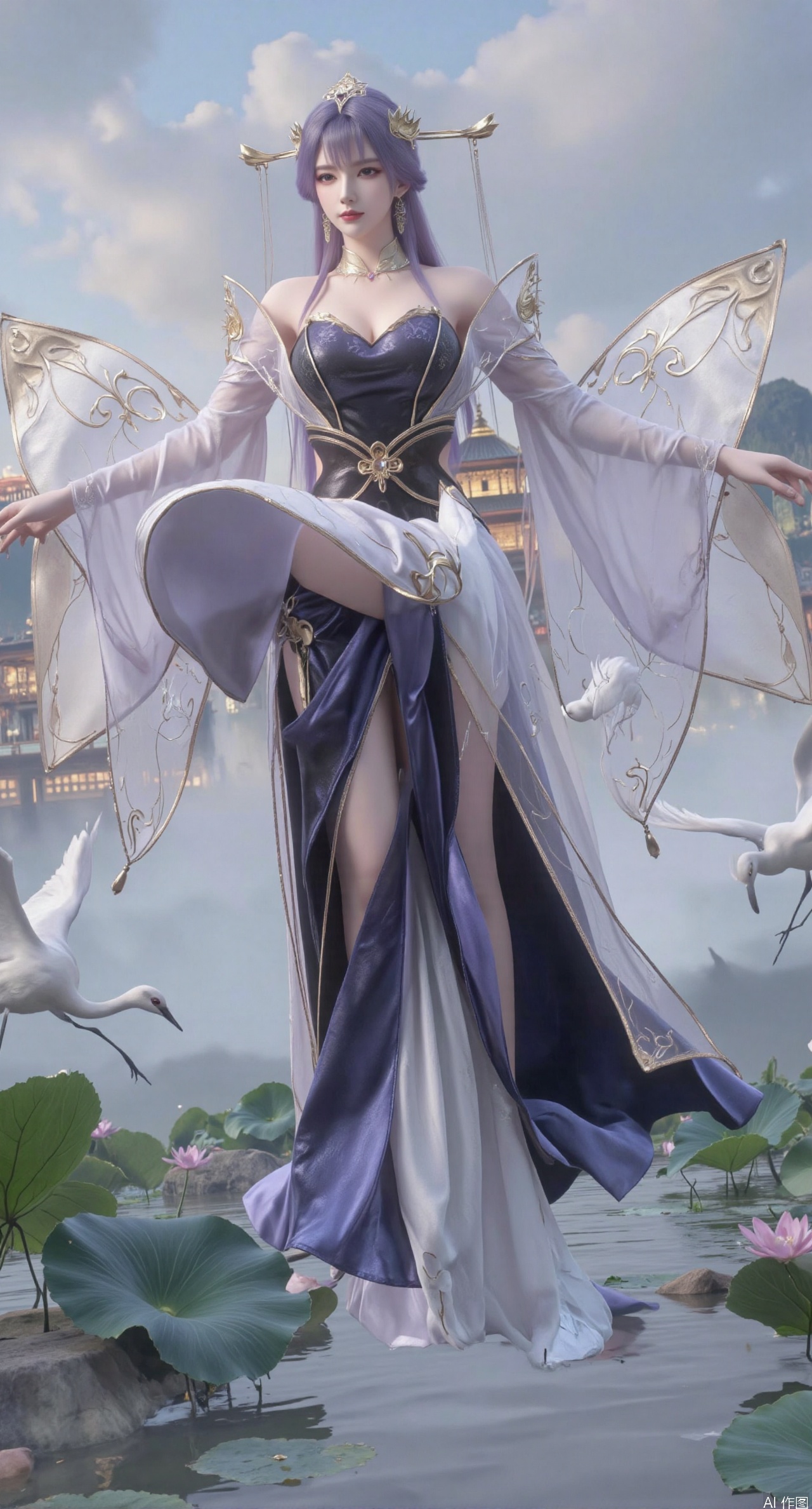 SFW,(masterpiece:1.2),best quality,1girl,solo,long hair,long dress,celestial maiden in flowing tulle gown levitates above lotus pond, ethereal mist trails from hair ribbons, mythical Penglai paradise emerges through clouds with glowing pavilions, translucent bioluminescent lotus blooms, flock of cranes gliding over water surface, ultra HD with soft 3D rendering, morning light filters through mist, falling petal rain, intricate details on scale-patterned fabric and lotus veins.(huge breasts:2.99),(full breasts:2.99),