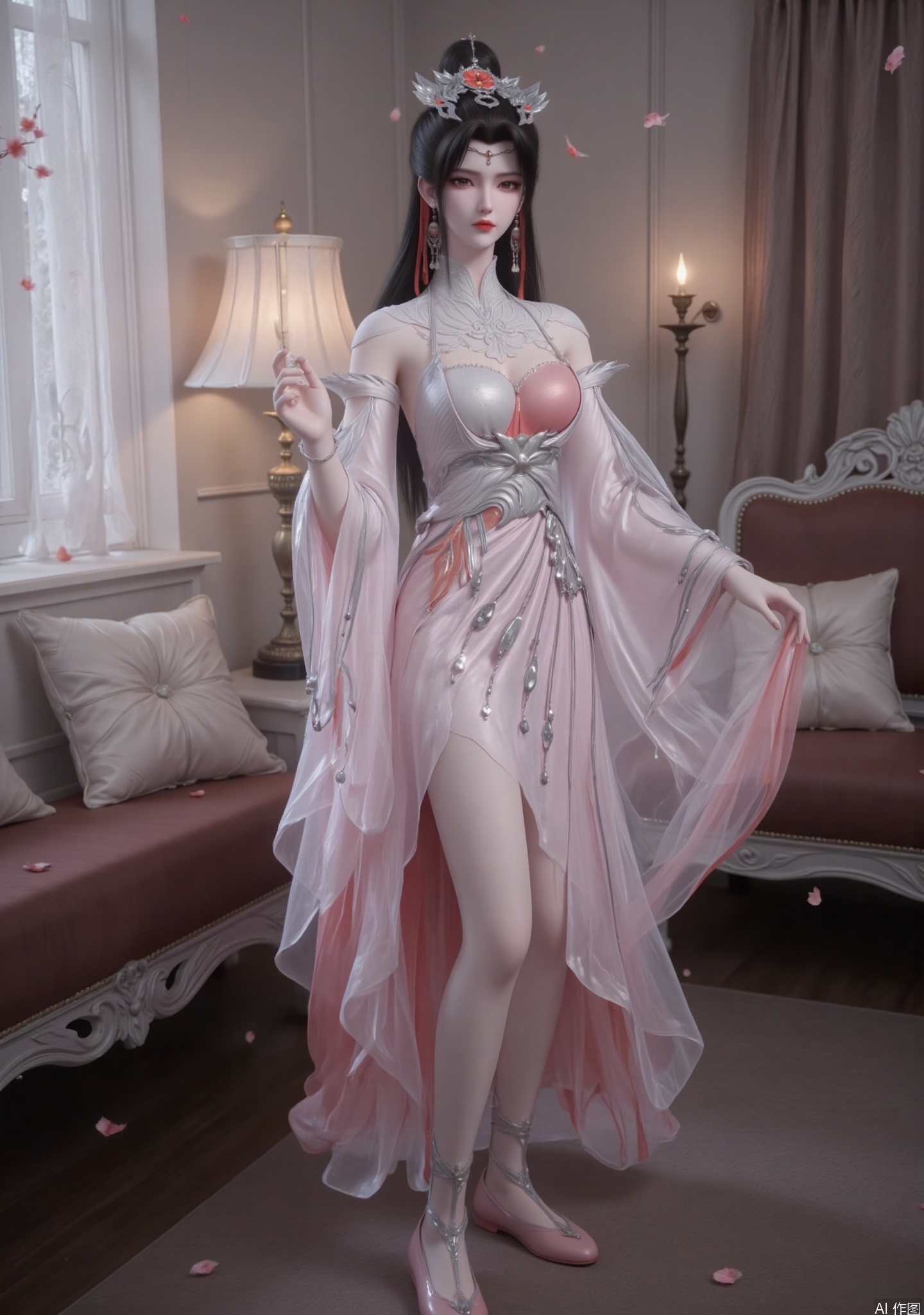 Zichu-liumei, this image depicts a fair-skinned woman with long flowing black hair adorned with a delicate silver headdress with red gems, and include gorgeous earnings and necklaces. The overall appearance is elegant and noble.
The character's makeup is subtle and elegant, with well-contoured eyesbrows, red lipstick, and eyes are highlighted by dark eyeliner.
Wearing a well-crafted outfit, the breeze blows the hem of the skirt, there are turtleneck lace-like designs including floral and metallic decorations, with exhaust flow patterns and grogeous designs. The clothes is mainly white and pink, with silver anklets on her feet and wearing pink ancient Chinese shoes

The background is an antique boudoir, with high-end silk cushions on the carved bedside cushions, and a bronze candlestick is placed on the bedside table, and the candlelight shines mottled light and shadows in the room. The moonlight outside the window sprinkles in through the gauze curtain, forming mottled light and shadow on the floor. Several plum blossom petals fall in the wind and fall on the windowsill, adding a bit of poetry to the entire space.
The air was filled with faint sandalwood and the fragrance of plum blossoms, and the melodious chirping of nightingales came from the distance. She turned her head slightly, staring at the bamboo flute in her hand gently, pressing her fingertips gently on the flute hole, and a smile on the corner of her lips seemed to be there. Her posture is dignified and elegant, and every detail shows the exquisiteness and elaboration of traditional clothing, as if a lady walking out of ancient paintings stands quietly in the long river of time.
The whole picture has harmonious colors and rich light and shadow levels. The texture of the clothing shows delicate changes in light, and the thickness of the brocade, the lightness of the tulle, and the exquisite embroidery are all perfectly presented. The blurred background highlights the character's subjective position and creates a classical and poetic atmosphere.