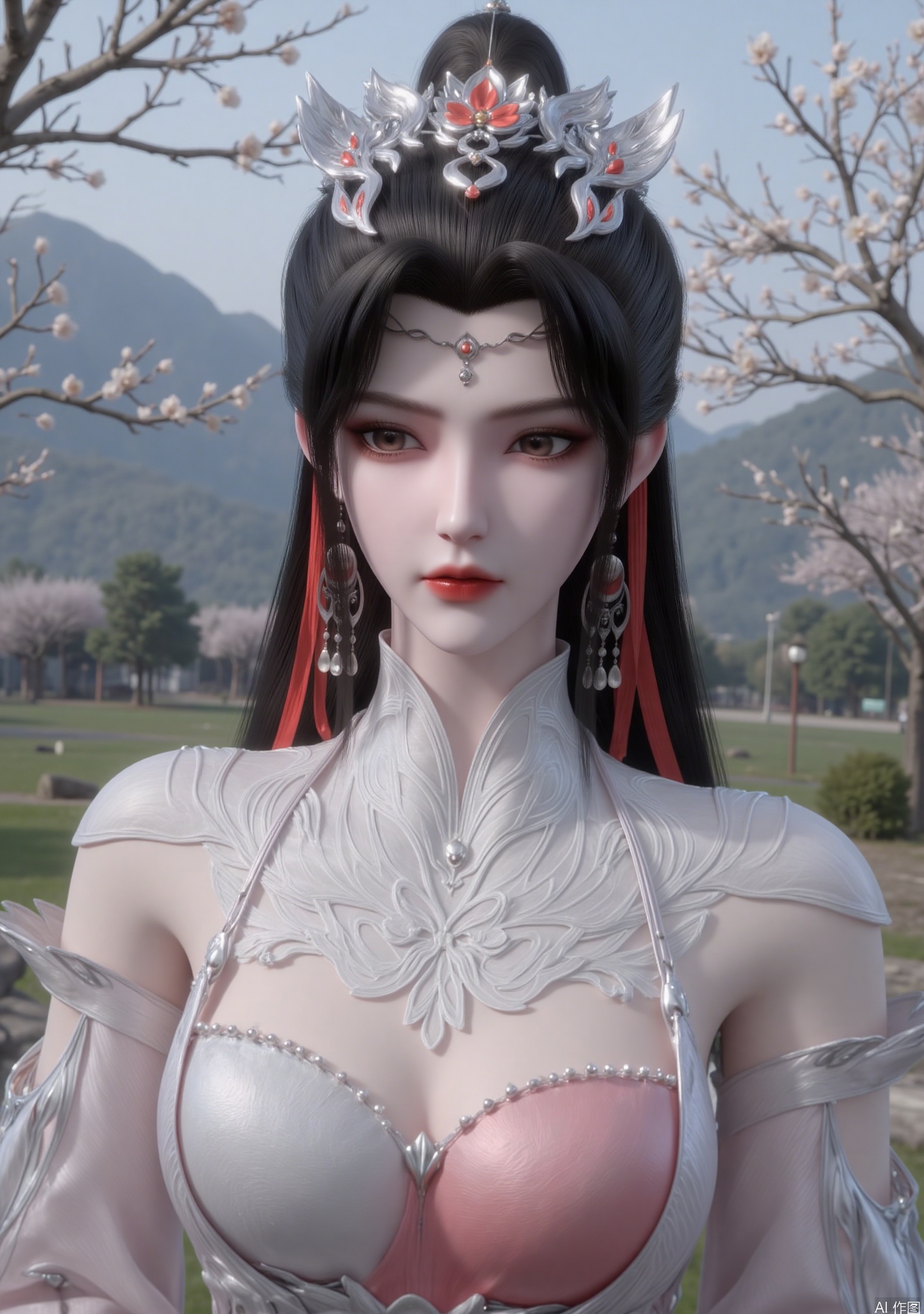 zichu-liumi, the image depicts a highly stylized digitally rendered character with complex details. The character has long dark hair, adorned with a delicate silver headdress, decorated with red gems. They wore an elaborate futuristic outfit with turtleneck lace-like designs including floral patterns and metallic decor. The clothes is mainly white with red highlights, forming a sharp contrast. The character's makeup is subtle and elegant, with well-contoured eyesbrows, red lipstick, and eyes are highlighted by dark eyeliner.

The background is a natural scene full of fairy tale artistic conception, with trees full of white flowers, blooming on the branches and falling in the wind. In the distance are mountains surrounded by mist, with strange shapes of rocks and vegetation covering them. The overall background creates an extraordinary, mysterious and distant atmosphere.