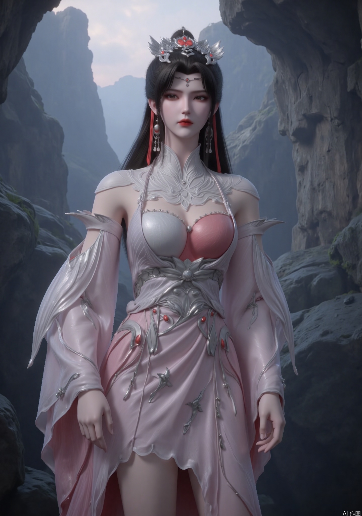 The image depicts a highly detailed and stylized character standing in a rocky, cavernous environment. The character is adorned in intricate, white and pink attire that features elaborate designs, including wing-like structures on the shoulders and a heart-shaped emblem on the chest. The character wears a crown with red gemstones and long, flowing hair with red tassels. The background shows a misty, mountainous landscape with a bright, glowing light emanating from behind the rocks, creating a dramatic and ethereal atmosphere. The overall scene has a fantasy theme, with the character appearing regal and otherworldly.
