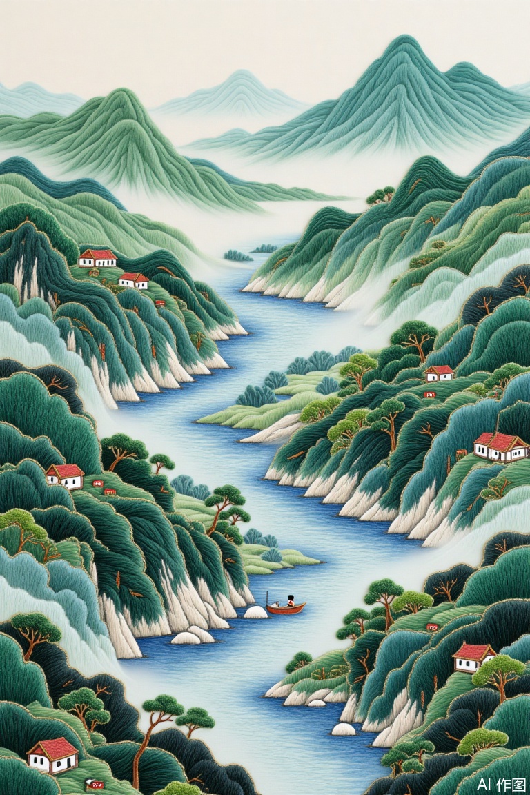 A exquisite Suzhou embroidery depiction of the Thousand Li of Rivers and Mountains with unparalleled refinement. The sprawling landscape unfolds in vibrant yet harmonious colors, each mountain, river, and tree meticulously stitched with delicate threads. Soft green and blue hues dominate, capturing the serenity of rolling hills and winding waters. Every detail—from the intricate textures of cliffs to the delicate brushstrokes of distant villages—is brought to life through masterful needlework. Framed as a wide panoramic shot, the composition emphasizes depth and grandeur, with soft natural light enhancing the rich textures. Keywords: Suzhou embroidery, traditional artistry, detailed landscape, Thousand Li of Rivers and Mountains, cultural heritage.