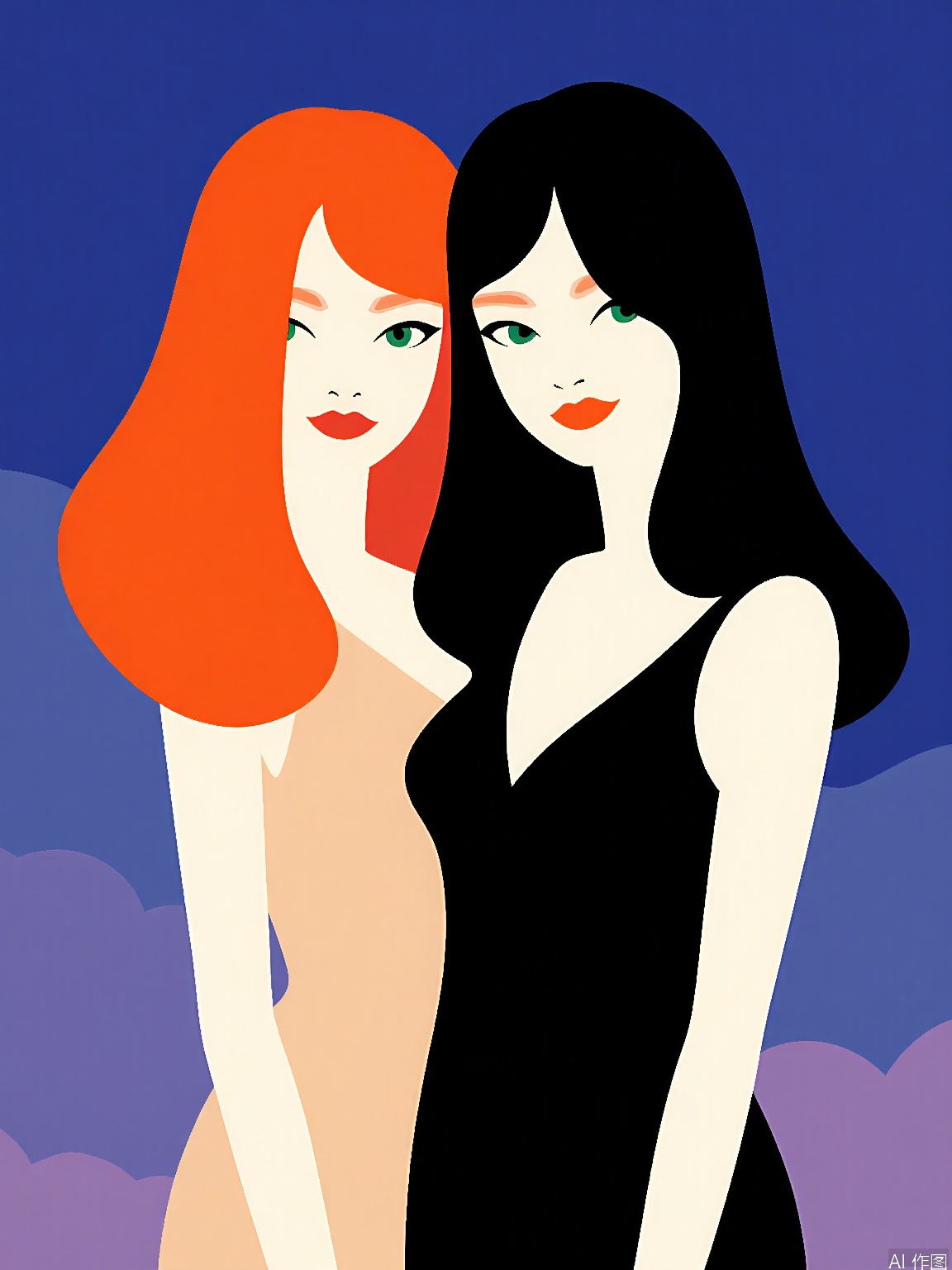 BPYS, A stylized digital artwork featuring two women with vibrant, flowing hair. The woman on the left has fiery orange hair and wears a beige dress, while the woman on the right has black hair and wears a black dress. Both women have pale skin and green eyes, with their faces partially obscured by their hair. The background is a gradient of deep blue and purple hues. The style is modern and abstract, with bold, clean lines and a minimalistic aesthetic. The artwork has a smooth, polished texture.
