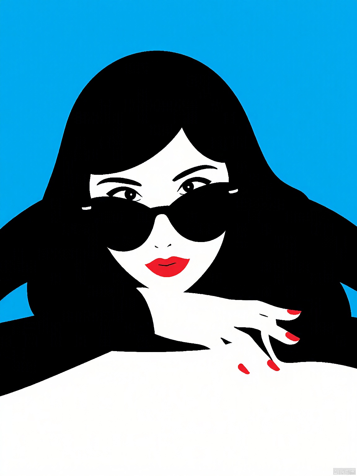 BPYS, A stylized digital illustration of a woman with dark hair, wearing black sunglasses, and a black top. She is leaning forward with her elbows on a white surface, resting her chin on her hands. Her nails are painted red. The background is a solid blue color. The style is reminiscent of pop art, with bold colors and simple shapes. The woman's expression is neutral, and she has a confident, stylish demeanor. The overall aesthetic is modern and chic.