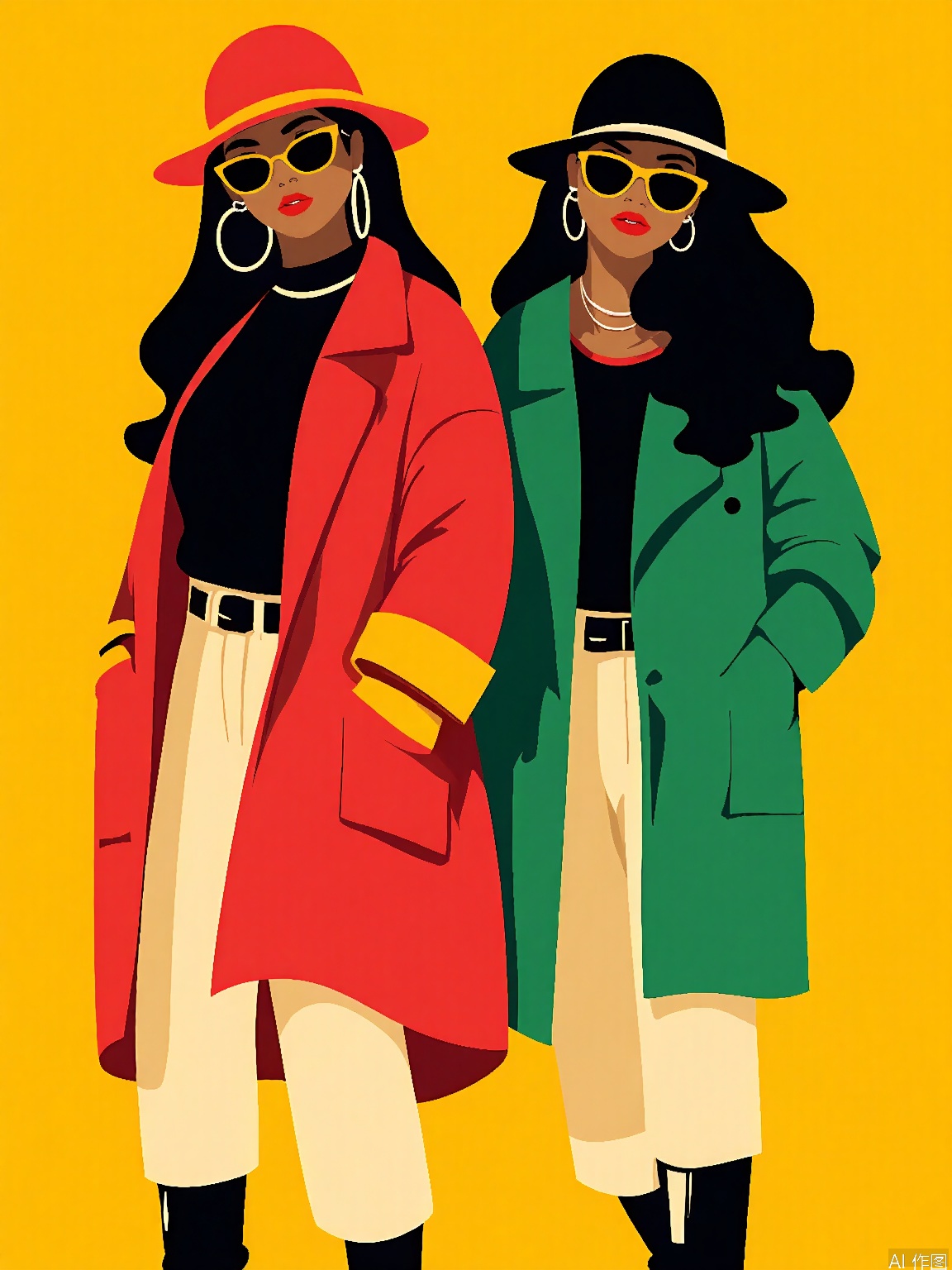 BPYS, Two stylish women with long, wavy black hair, wearing matching red and green coats over black tops, beige pants, and large hoop earrings. They both wear yellow sunglasses and red lipstick, standing against a bright yellow background. The woman on the left has a red hat, while the one on the right wears a black hat. The artwork is in a flat, modern, minimalist style with bold colors and clean lines.