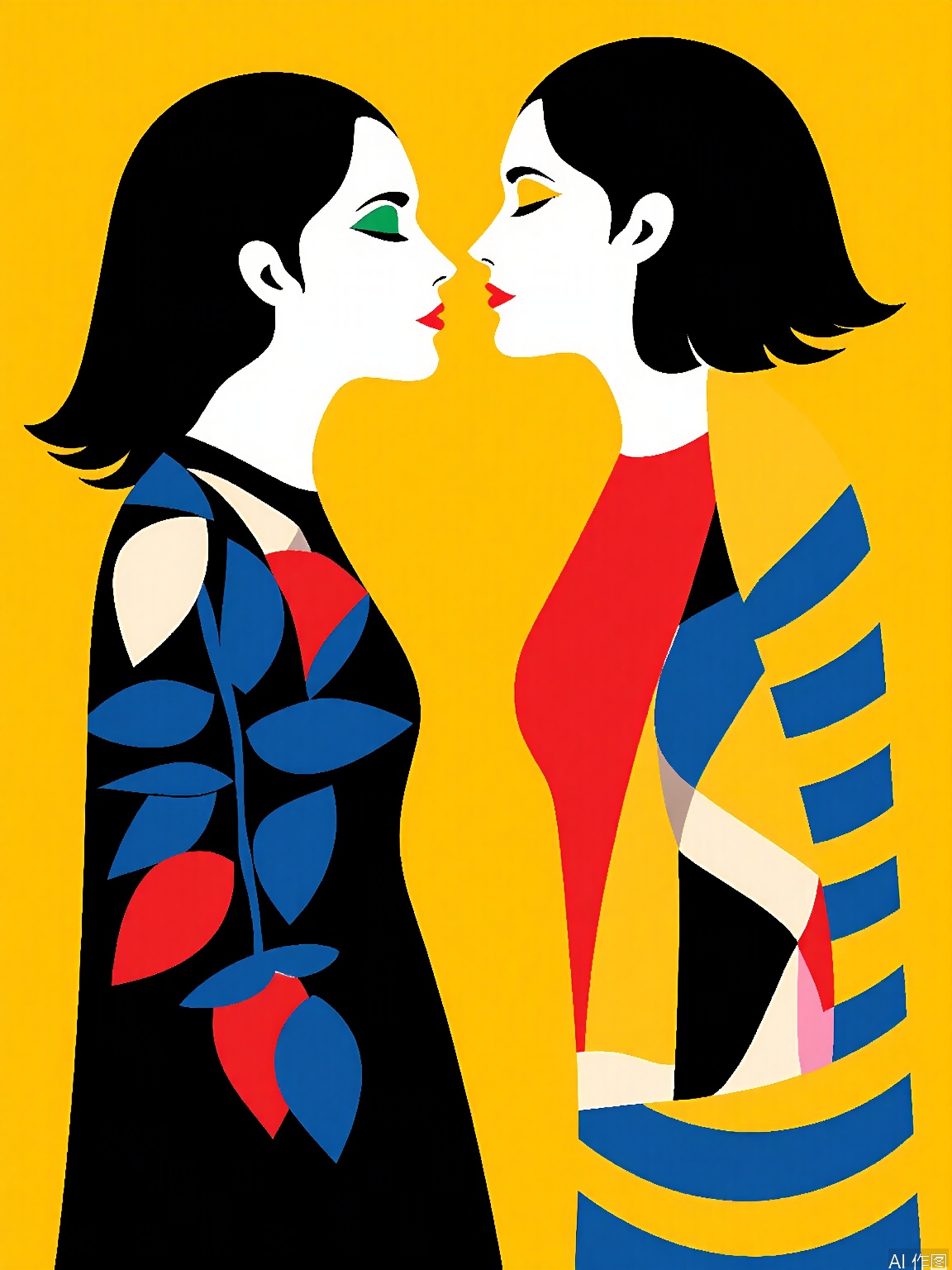 BPYS, A stylized digital illustration featuring two women with distinct features and vibrant colors, set against a bright yellow background. The women are depicted in profile, facing each other. The woman on the left has a white face with green eyes, red lips, and wears a black dress adorned with blue and red geometric shapes. The woman in the center has a white face with yellow eyes, red lips, and wears a red top. The woman on the right has a white face with red lips, black hair, and wears a blue and yellow striped shirt. The illustration is in a modern, abstract style with clean lines and bold colors.