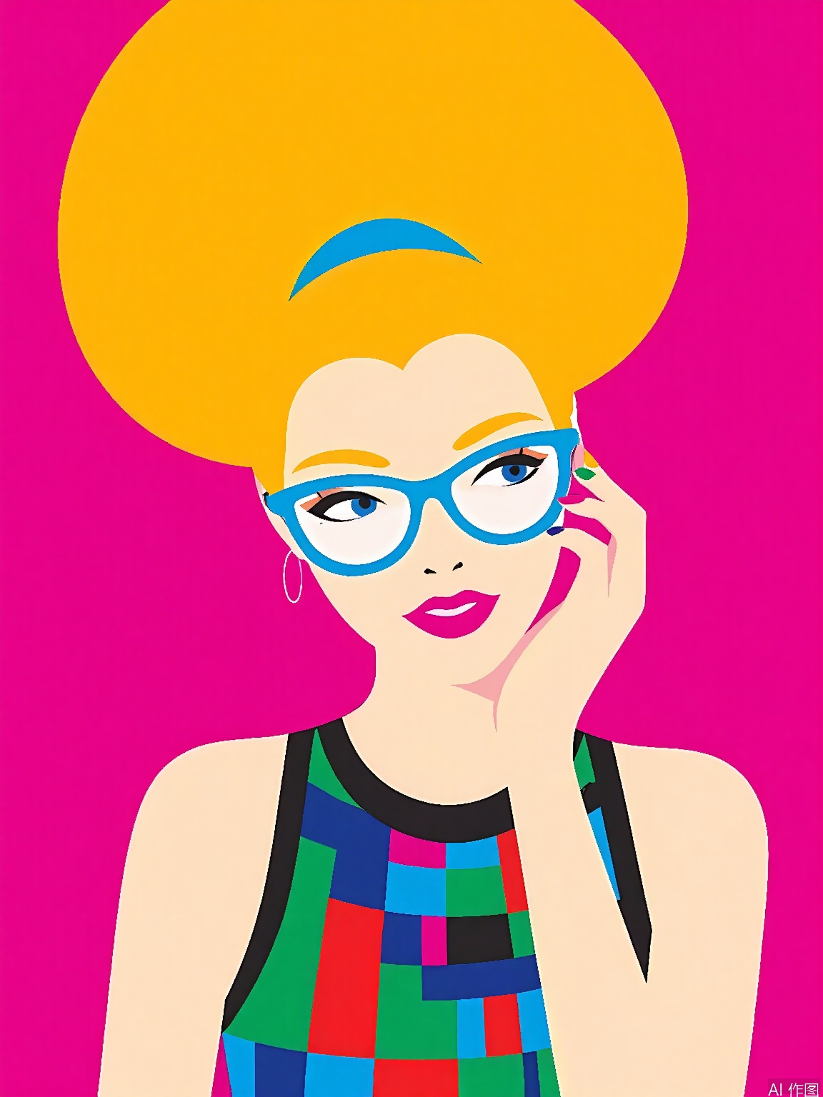 BPYS, A vibrant, minimalist digital illustration of a woman with a large, yellow ponytail and blue glasses. She has a blue streak in her hair and wears a colorful, patterned top with a green, red, and blue checkered design. Her hand is raised to her face, with a rainbow of nail polish on her nails. The background is a bold, solid pink. The style is flat, with thick, clean lines and a playful, retro aesthetic. The image is bright and eye-catching, with a focus on bold colors and simple shapes.