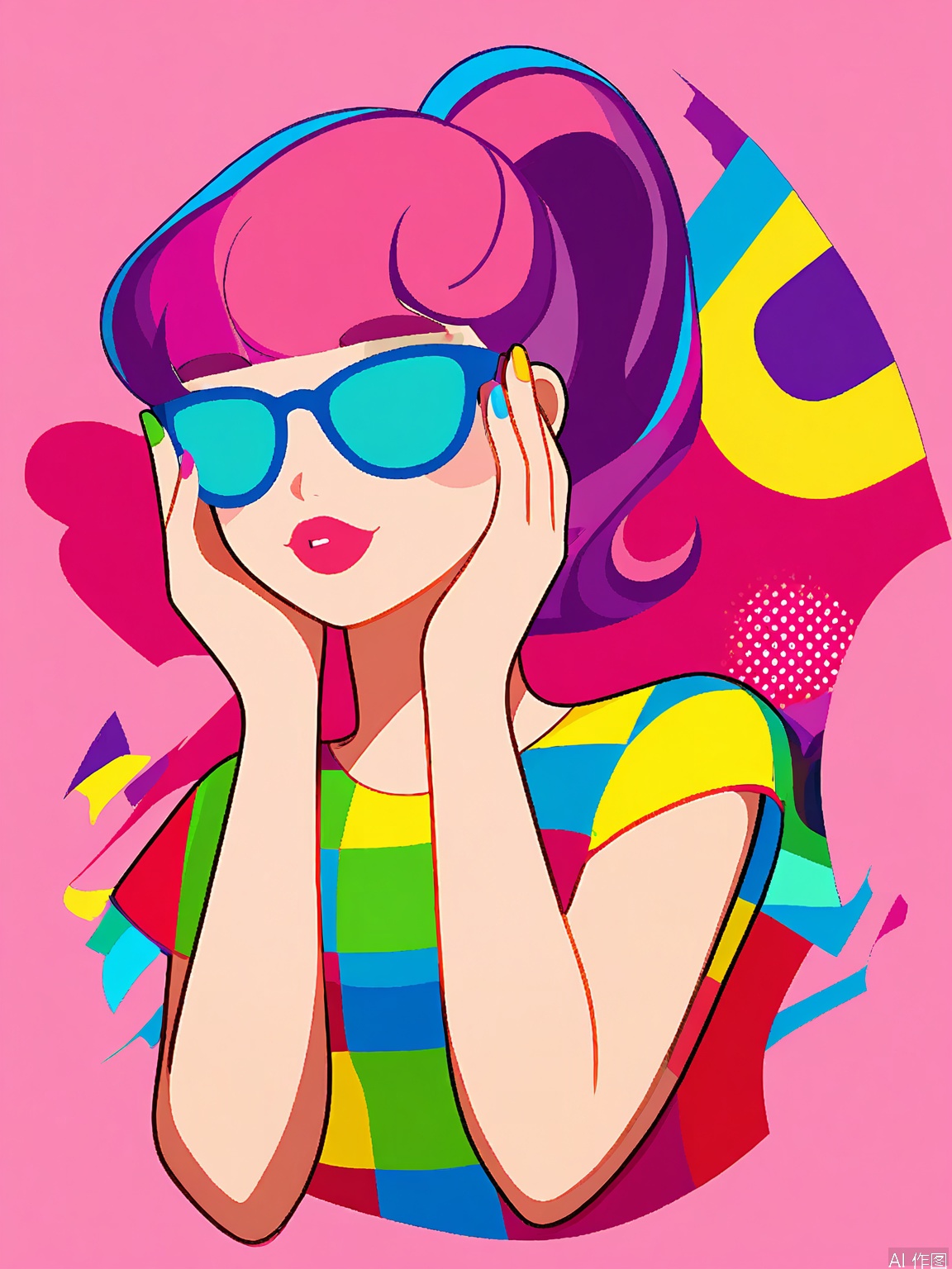 BPYS, A vibrant, minimalist digital illustration of a woman with a large, yellow ponytail and blue glasses. She has a blue streak in her hair and wears a colorful, patterned top with a green, red, and blue checkered design. Her hand is raised to her face, with a rainbow of nail polish on her nails. The background is a bold, solid pink. The style is flat, with thick, clean lines and a playful, retro aesthetic. The image is bright and eye-catching, with a focus on bold colors and simple shapes.
