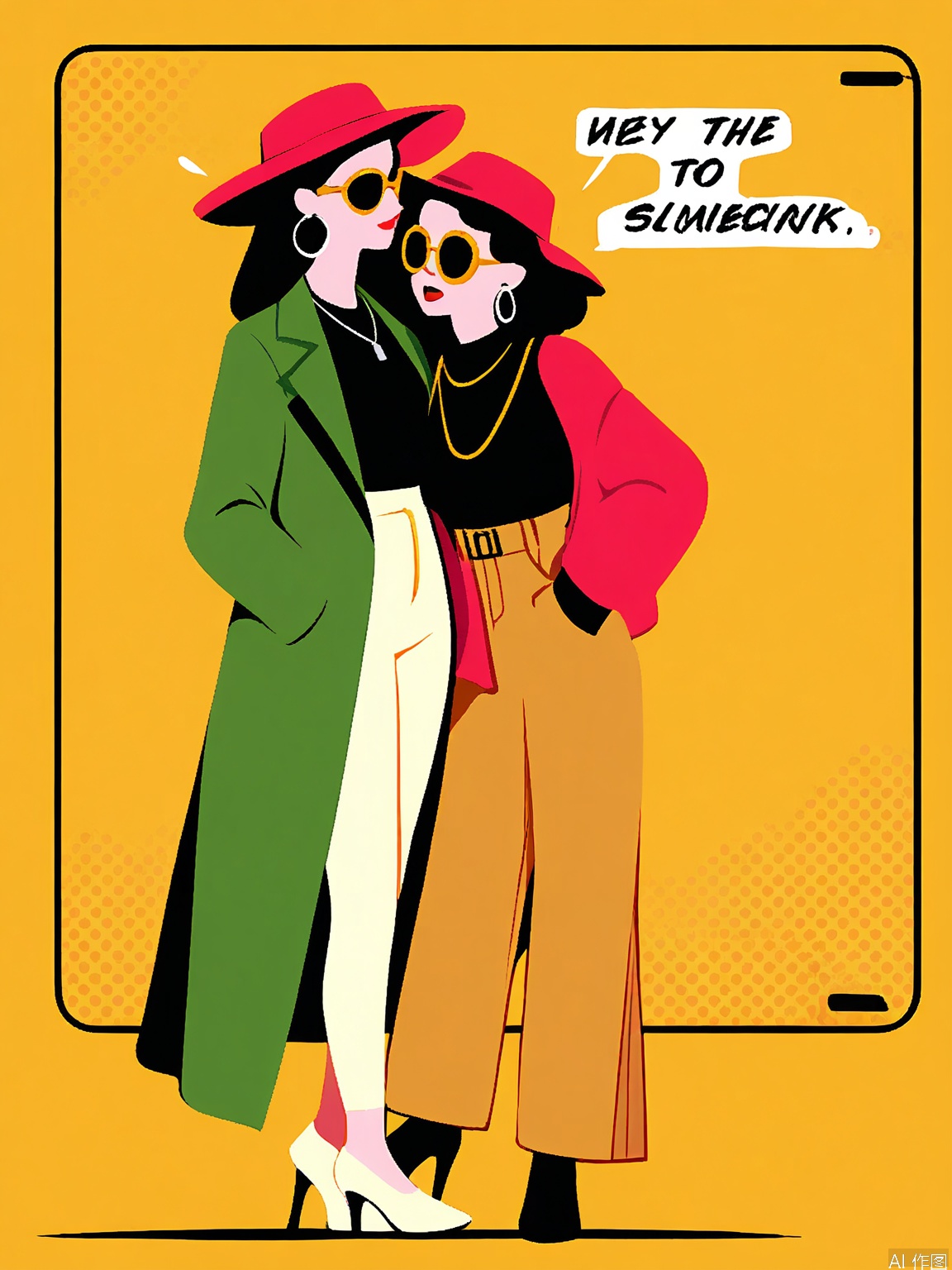 BPYS, Two stylish women with long, wavy black hair, wearing matching red and green coats over black tops, beige pants, and large hoop earrings. They both wear yellow sunglasses and red lipstick, standing against a bright yellow background. The woman on the left has a red hat, while the one on the right wears a black hat. The artwork is in a flat, modern, minimalist style with bold colors and clean lines.

