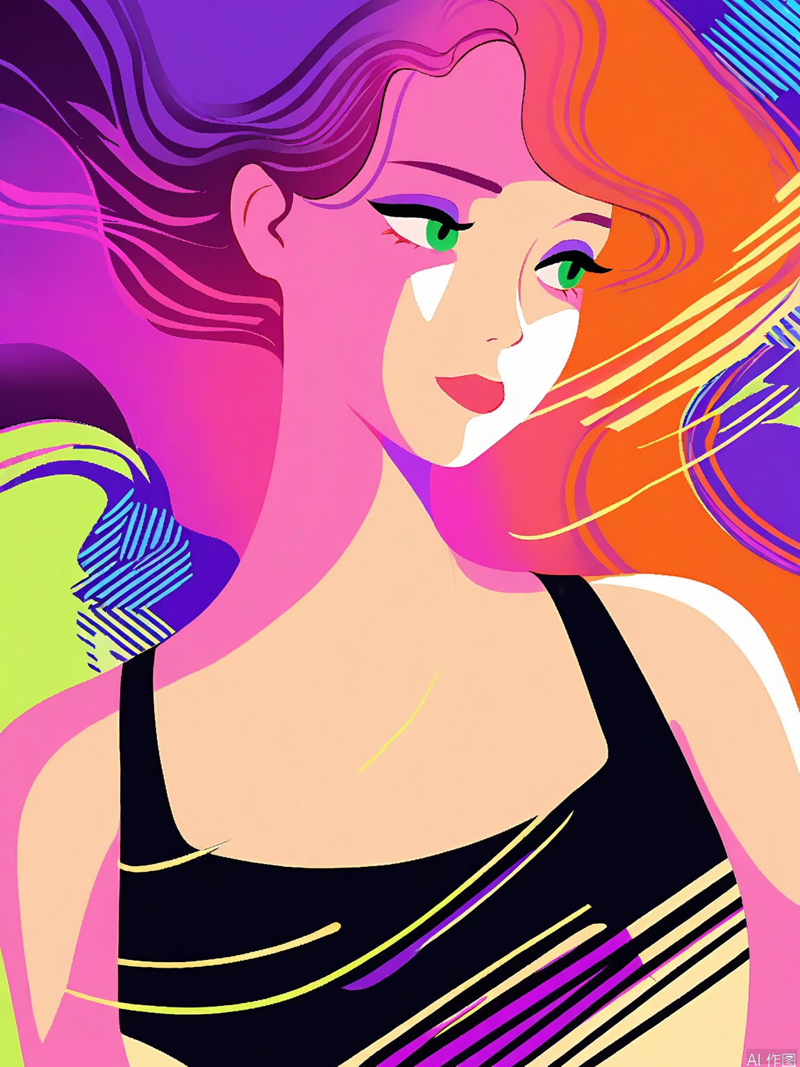 BPYS, A stylized digital artwork featuring two women with vibrant, flowing hair. The woman on the left has fiery orange hair and wears a beige dress, while the woman on the right has black hair and wears a black dress. Both women have pale skin and green eyes, with their faces partially obscured by their hair. The background is a gradient of deep blue and purple hues. The style is modern and abstract, with bold, clean lines and a minimalistic aesthetic. The artwork has a smooth, polished texture.

