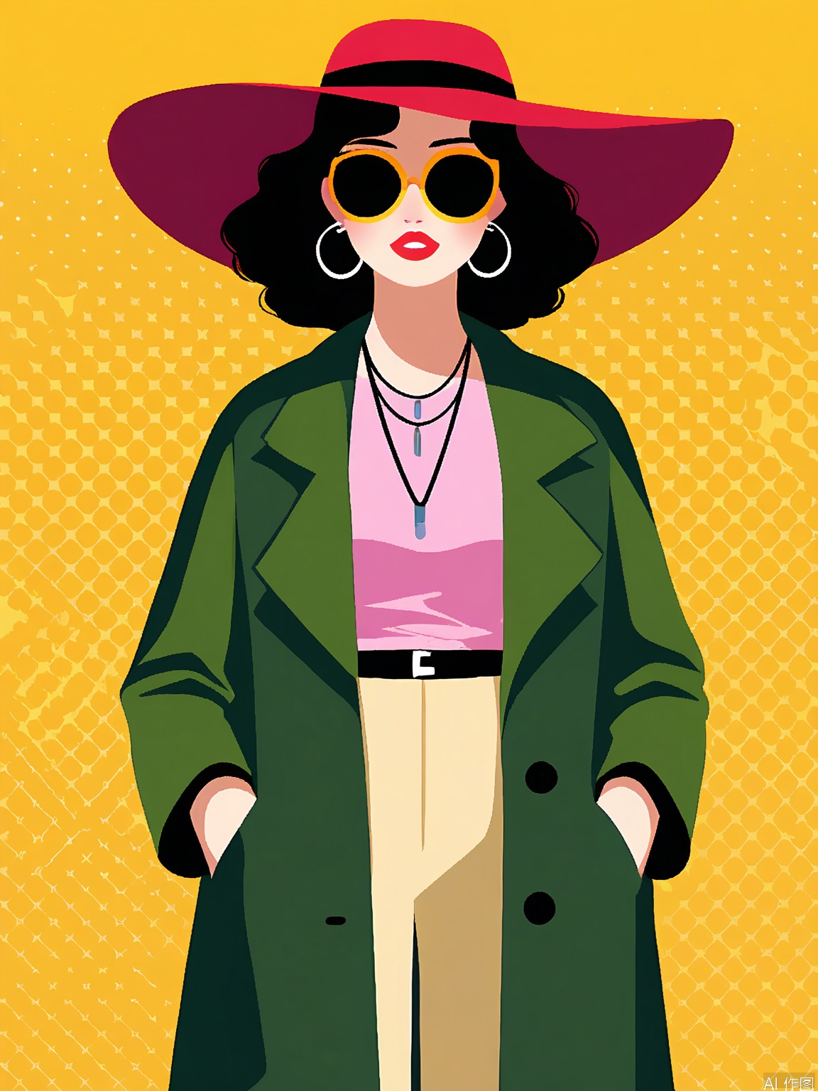 BPYS, Two stylish women with long, wavy black hair, wearing matching red and green coats over black tops, beige pants, and large hoop earrings. They both wear yellow sunglasses and red lipstick, standing against a bright yellow background. The woman on the left has a red hat, while the one on the right wears a black hat. The artwork is in a flat, modern, minimalist style with bold colors and clean lines.
