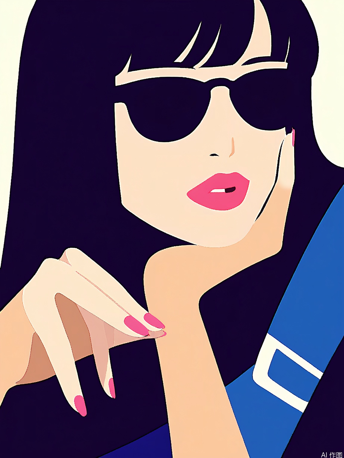 BPYS, A stylized digital illustration of a woman with dark hair, wearing black sunglasses, and a black top. She is leaning forward with her elbows on a white surface, resting her chin on her hands. Her nails are painted red. The background is a solid blue color. The style is reminiscent of pop art, with bold colors and simple shapes. The woman's expression is neutral, and she has a confident, stylish demeanor. The overall aesthetic is modern and chic.
