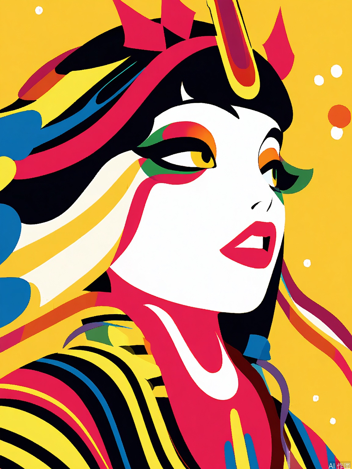 BPYS, A stylized digital illustration featuring two women with distinct features and vibrant colors, set against a bright yellow background. The women are depicted in profile, facing each other. The woman on the left has a white face with green eyes, red lips, and wears a black dress adorned with blue and red geometric shapes. The woman in the center has a white face with yellow eyes, red lips, and wears a red top. The woman on the right has a white face with red lips, black hair, and wears a blue and yellow striped shirt. The illustration is in a modern, abstract style with clean lines and bold colors.
