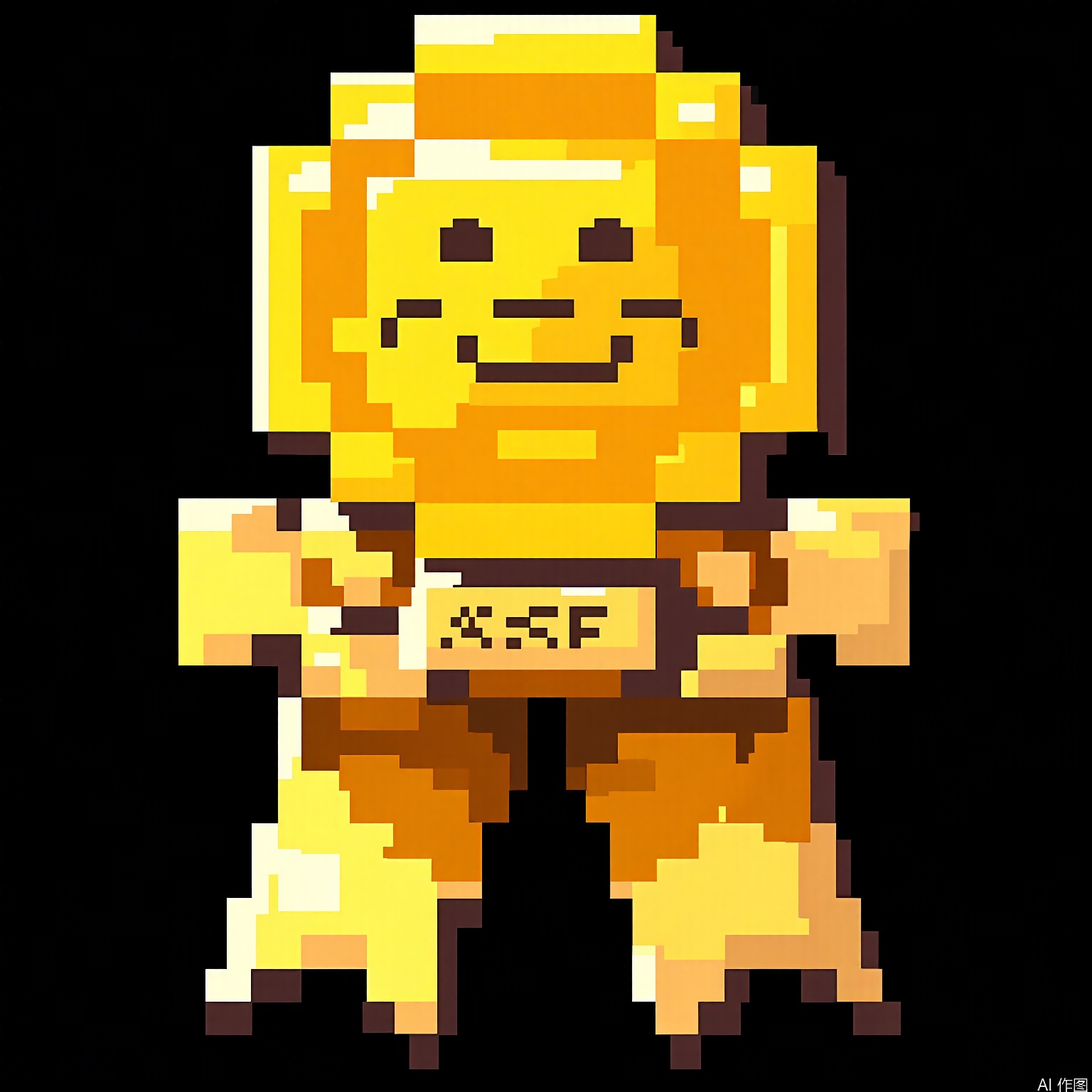 XSF, A pixel art new arrival badge, shining in shades of gold and yellow, with a pixelated ribbon wrapped around it.
