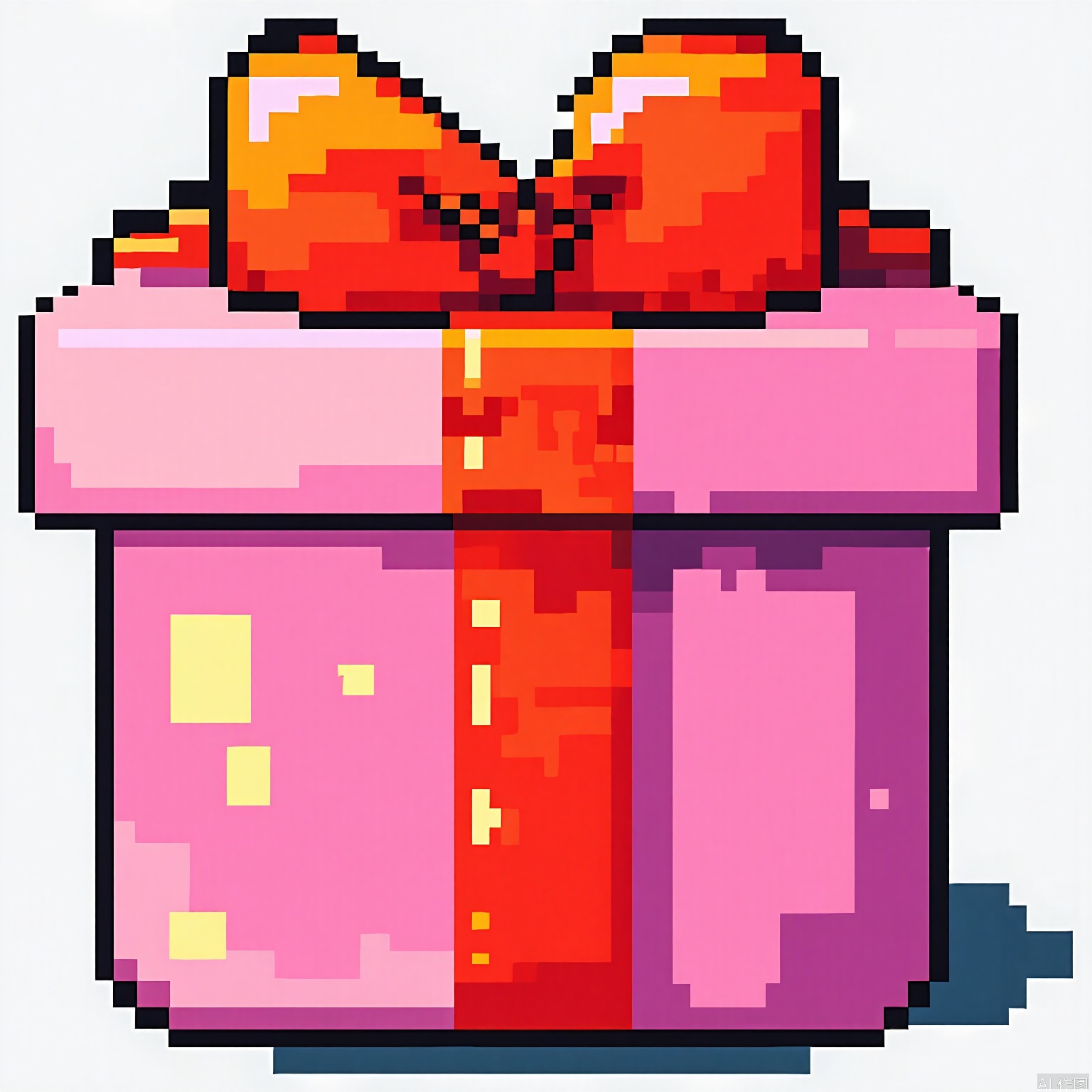 XSF, A pixel art gift box, adorned with shades of pink and red, tied with a pixelated gold ribbon in the center.
