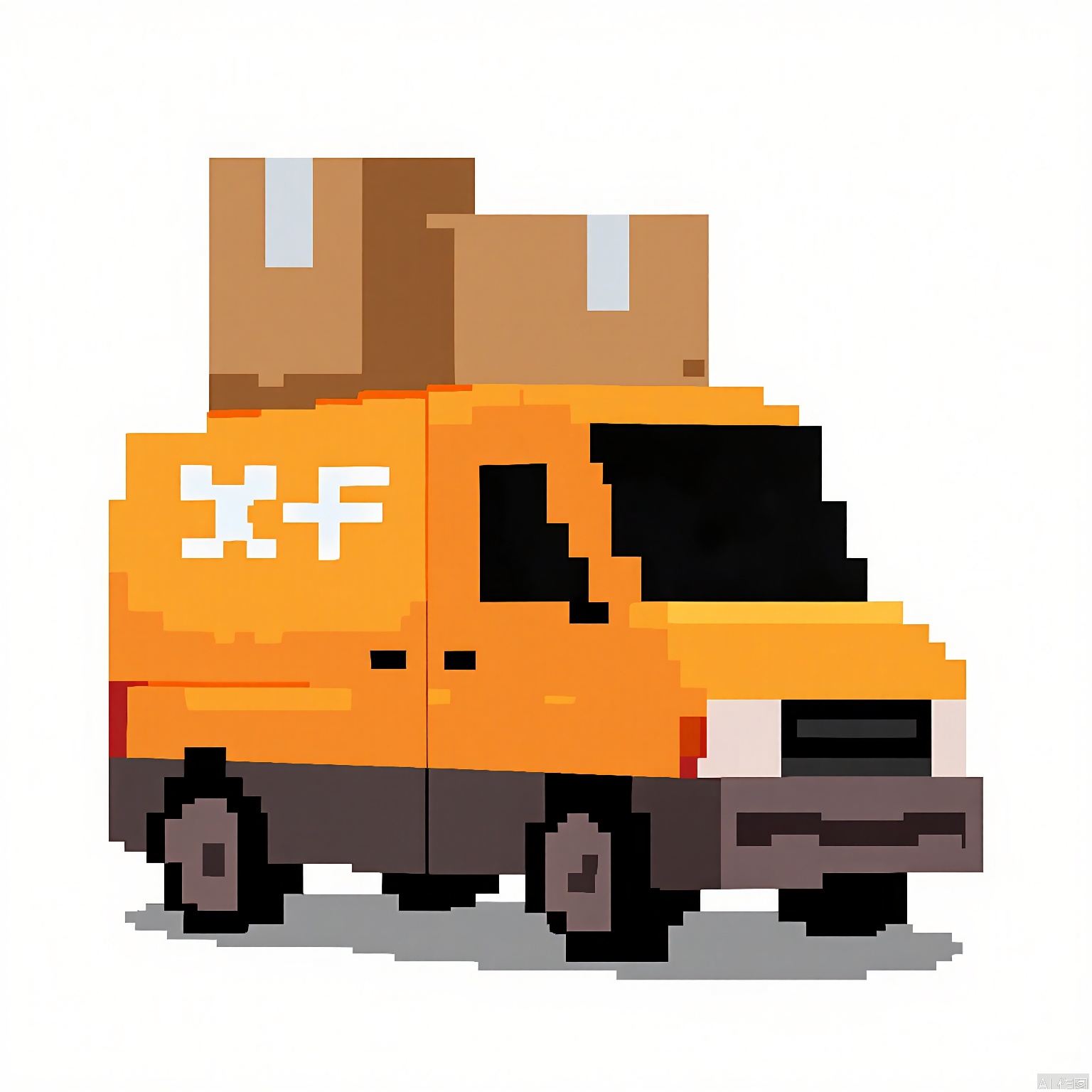 XSF, A pixel art delivery truck, colored in shades of orange and brown, with a pixelated package on the roof.
