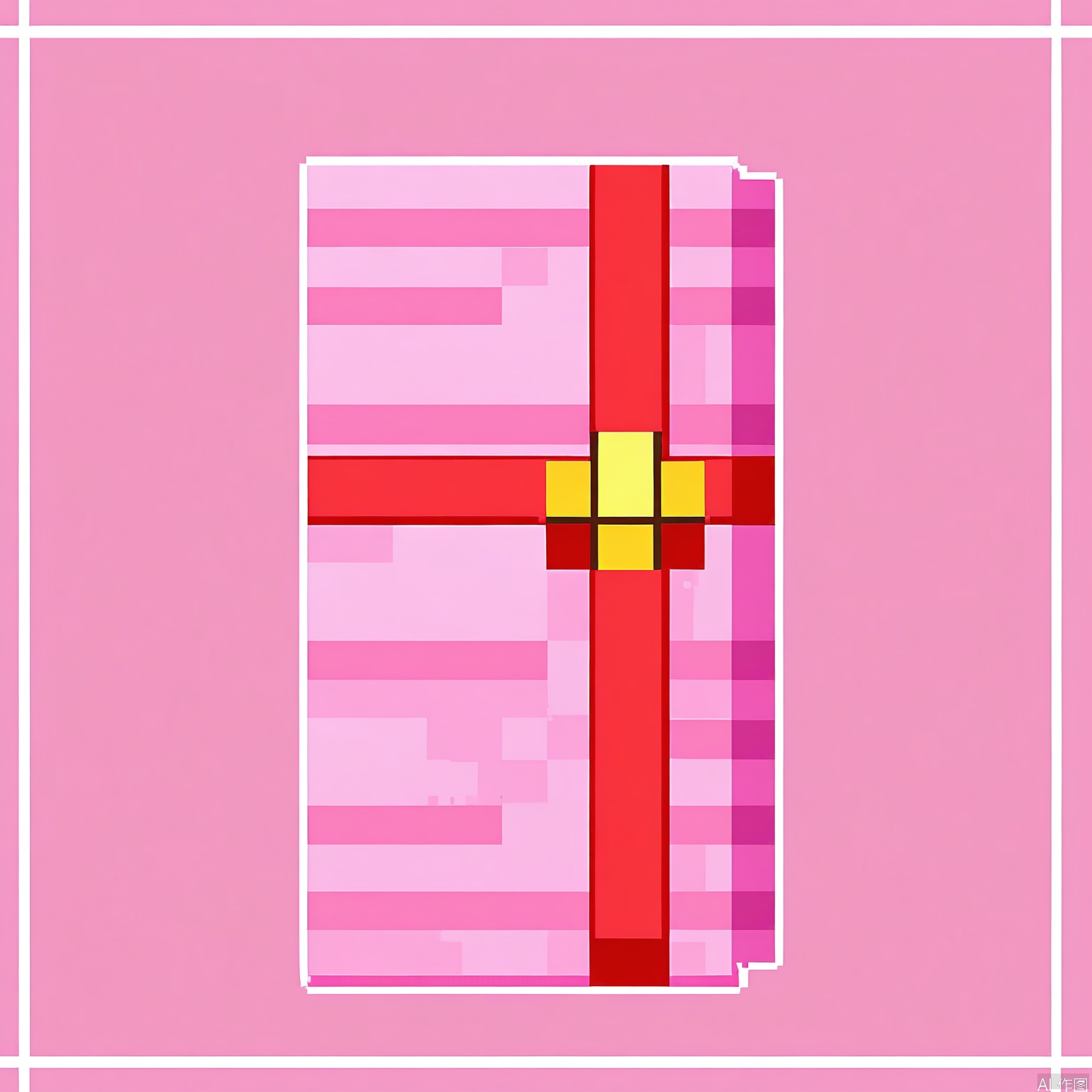 XSF, A pixel art gift box, adorned with shades of pink and red, tied with a pixelated gold ribbon in the center.
