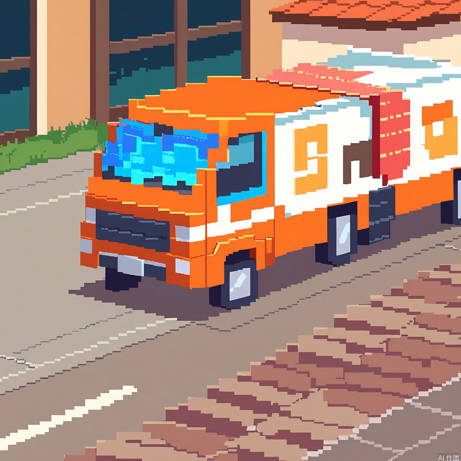 XSF, A pixel art delivery truck, colored in shades of orange and brown, with a pixelated package on the roof.
