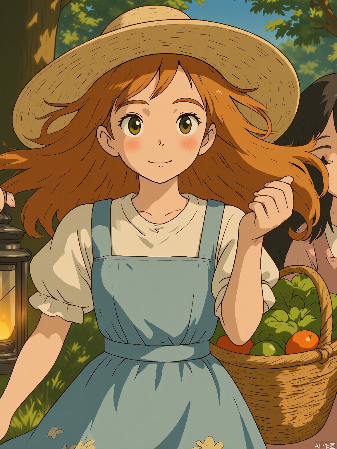 JBL, A Ghibli-style illustration featuring two young girls. The foreground girl has long, flowing auburn hair, wears a wide-brimmed straw hat, and holds a lantern, casting a warm glow. She wears a light blue dress with floral patterns. The background girl has short black hair and carries a basket of fresh vegetables, smiling gently. Both have curious expressions. The artwork is in a soft, dreamy Ghibli style.
